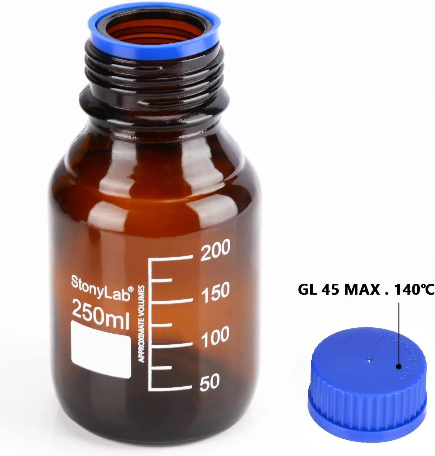 بطری های ذخیره سازی آزمایشگاهی استونیلب با درب پیچی GL45، شیشه بوروسیلیکات کهربایی 250 میلی لیتری، بطری گرد مدرج برای ذخیره سازی محیط کشت آزمایشگاهی با درب پیچی آبی، 1 عدد بطری های ذخیره سازی آزمایشگاهی استونیلب با درب پیچی GL45، شیشه بوروسیلیکات کهربایی 250 میلی لیتری، بطری گرد مدرج برای ذخیره سازی محیط کشت آزمایشگاهی با درب پیچی آبی، 1 عدد