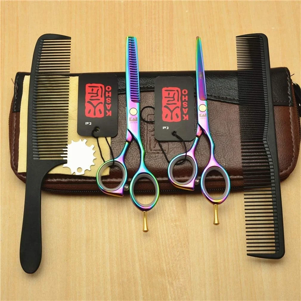 ست قیچی آرایشگری حرفه ای SXFXZ، سایز 5.5 اینچ، چند رنگ، مناسب دست راست، شامل قیچی آرایشگری، قیچی پیتاژ، ابزار پیرایش مو، ابزار سالن آرایشگری، ساخته شده از فولاد 440C، به همراه شانه و لوازم جانبی