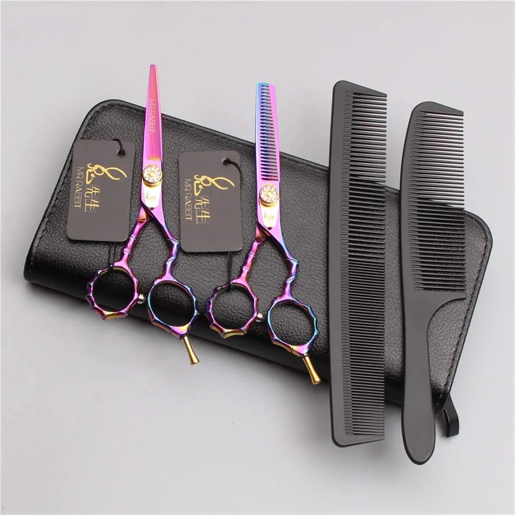 ست قیچی آرایشگری حرفه ای SXFXZ، رنگارنگ، راست دست، 5.5 اینچی، قیچی آرایشگری، قیچی اصلاح مو، ابزار سالن آرایشگری، فولاد 440C، لوازم آرایشگری مو، شانه