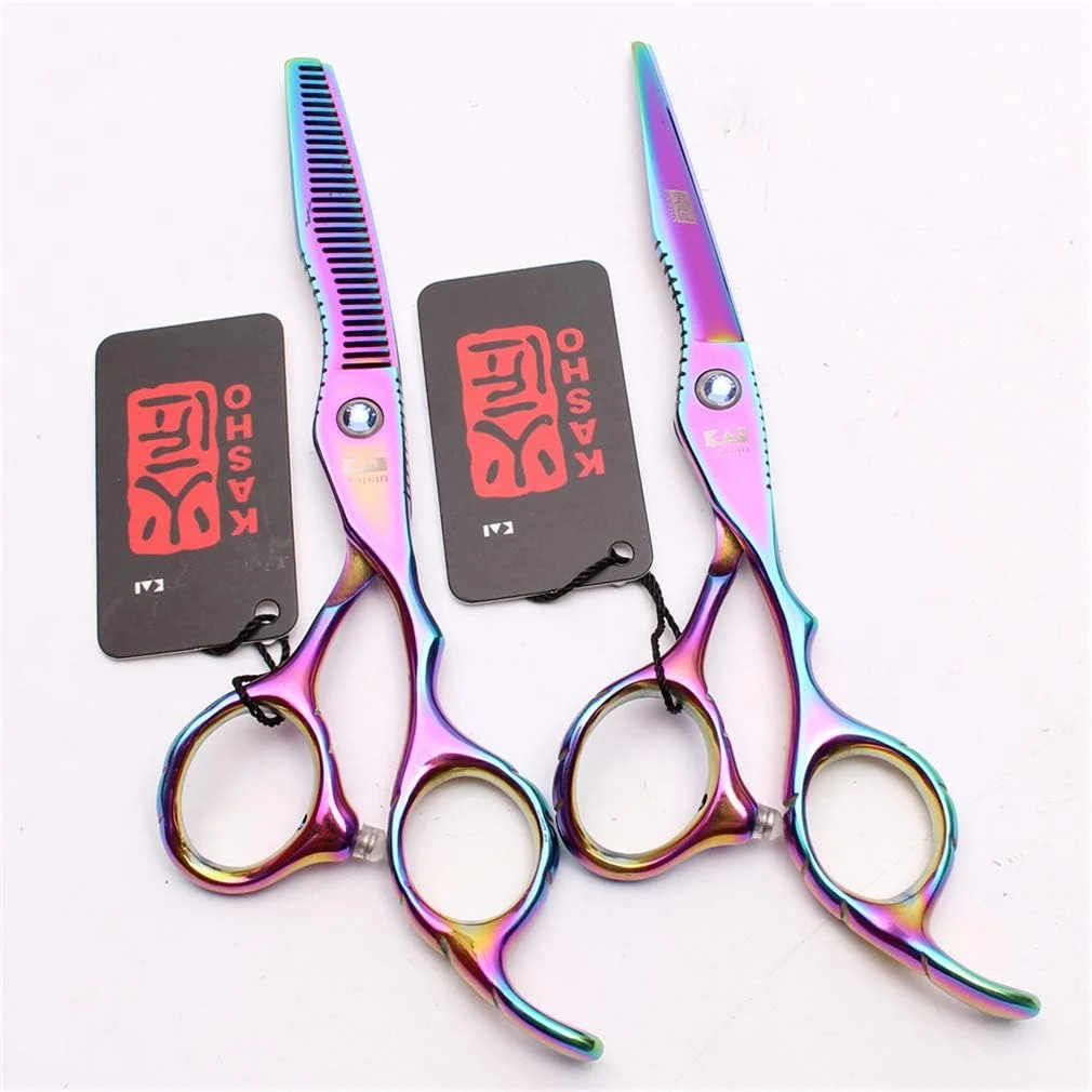 ست قیچی آرایشگری حرفه ای SXFXZ 6.0 اینچی، رنگارنگ، مناسب دست راست، قیچی پیرایش مو، قیچی سلمانی، قیچی کم حجم کننده، ابزار آرایشگاه، قیچی استیل ضد زنگ