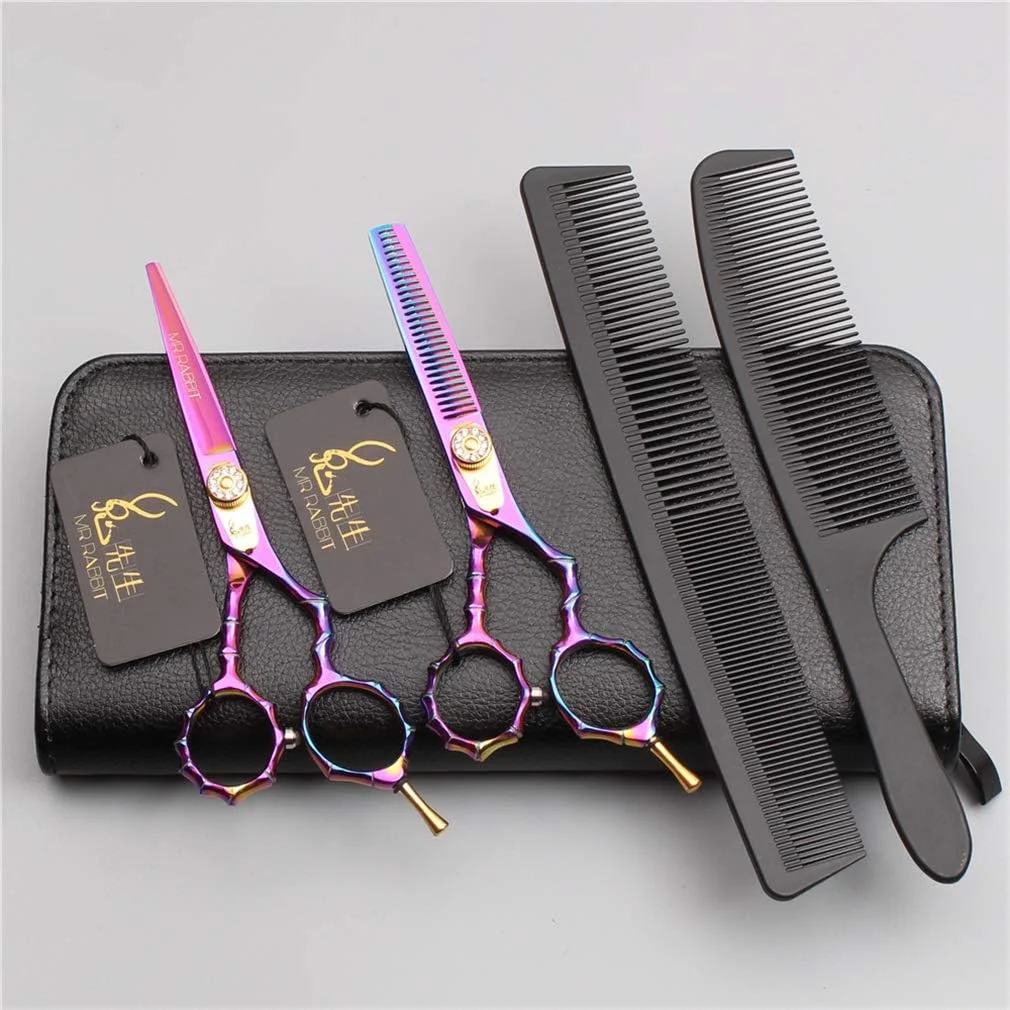 ست قیچی آرایشگری حرفه ای SXFXZ، رنگارنگ، راست دست، 5.5 اینچی، قیچی آرایشگری، قیچی اصلاح مو، ابزار سالن آرایشگری، فولاد 440C، لوازم آرایشگری مو، شانه