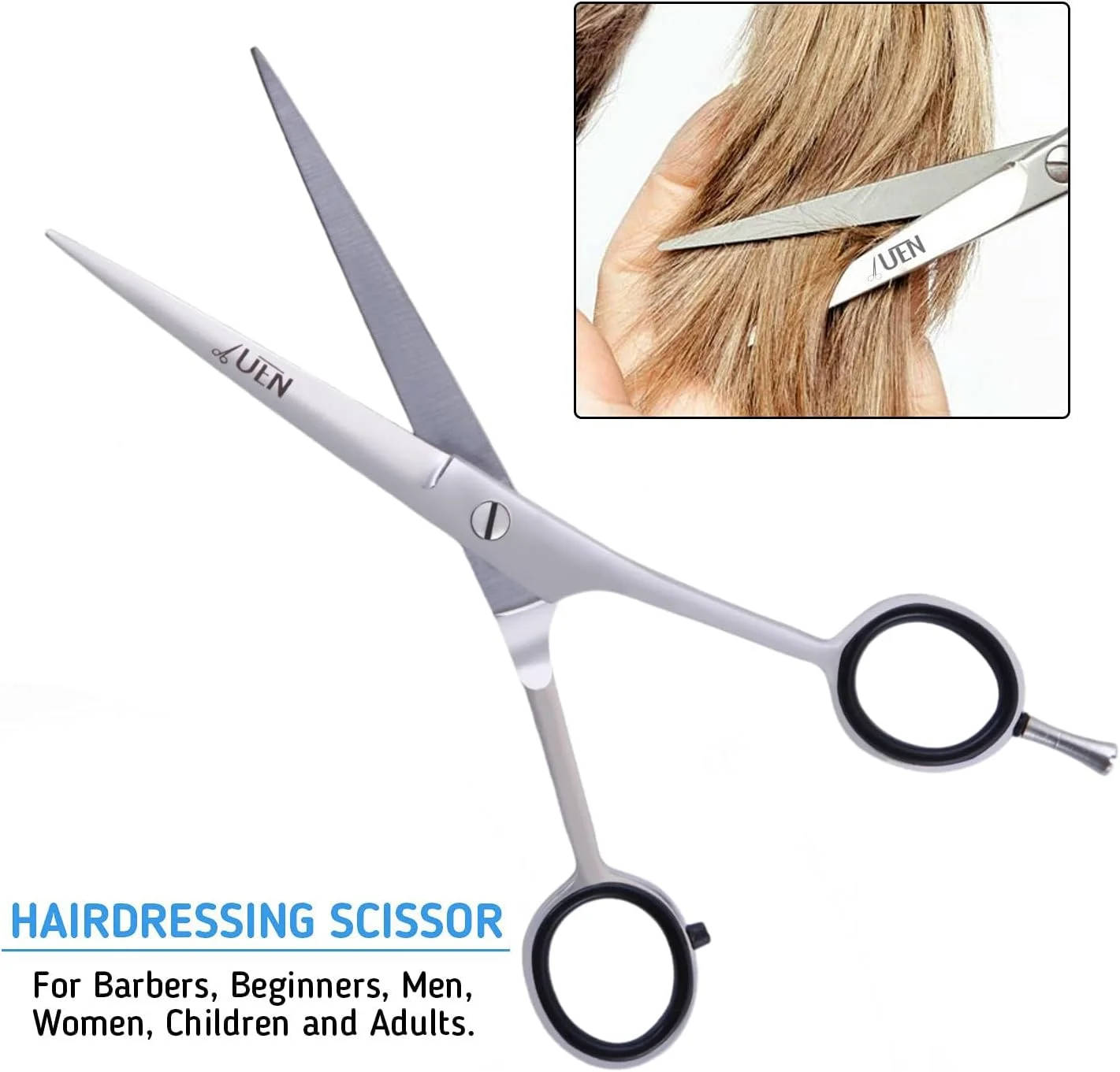 قیچی آرایشگری حرفه ای UEN، 6.5 اینچ، لبه تیغ استیل ضد زنگ، اصلاح مو - قیچی پیرایش سالن/خانه برای مردان، زنان، کودکان و بزرگسالان - آرایشگری، نقره ای قیچی آرایشگری حرفه ای UEN، 6.5 اینچ، لبه تیغ استیل ضد زنگ، اصلاح مو - قیچی پیرایش سالن/خانه برای مردان، زنان، کودکان و بزرگسالان - آرایشگری، نقره ای