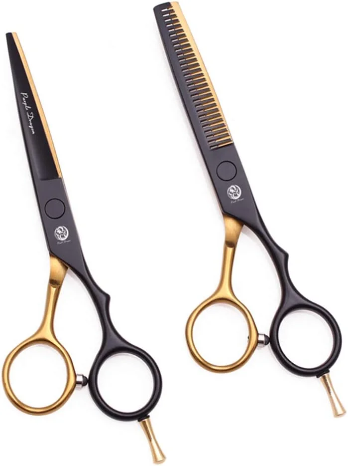 ست قیچی آرایشگری حرفه ای مشکی طلایی SXFXZ، قیچی های کوتاهی و پیتاژ 5.5 اینچی، فولاد 6CR با کیفیت بالا، تیز، مناسب آرایشگران، کیت سالن خانگی به همراه کیف چرمی