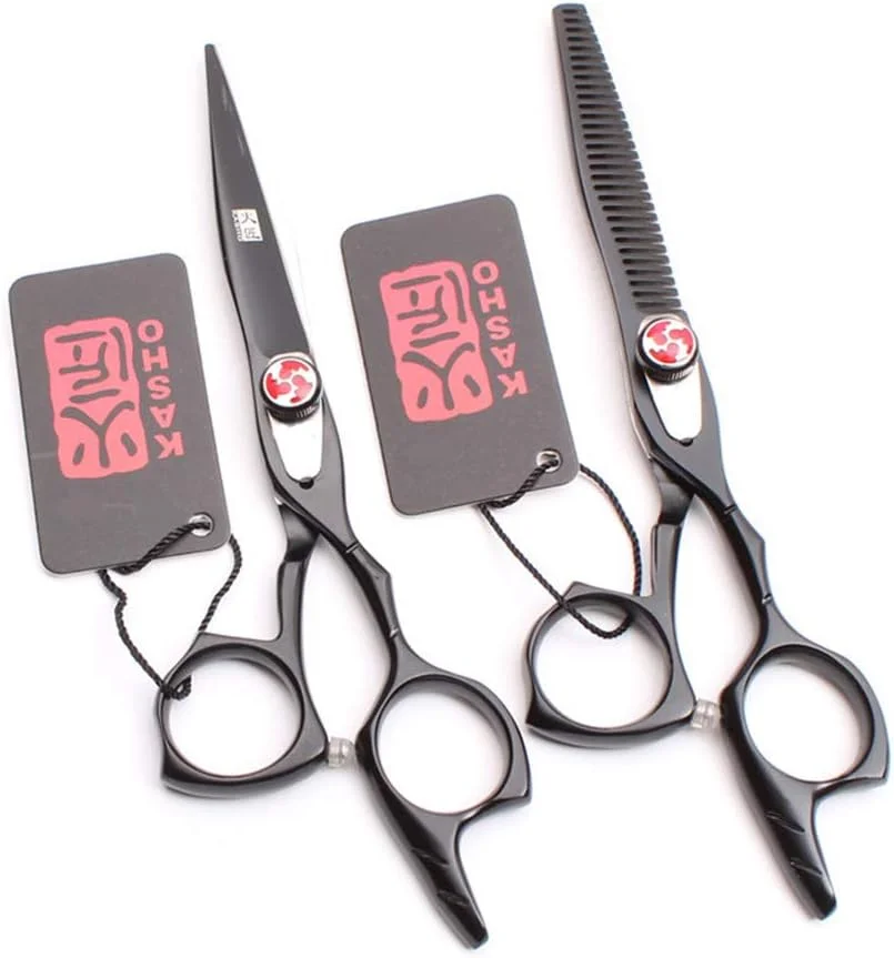 ست قیچی آرایشگری حرفه ای SXFXZ مشکی 6.0 اینچی، قیچی های بافت دهنده و نازک کننده مو با کیفیت بالا، فولاد 440C، مناسب برای آرایشگران راست دست، لوازم پیرایش مو، سالن خانگی (پیچ قرمز)
