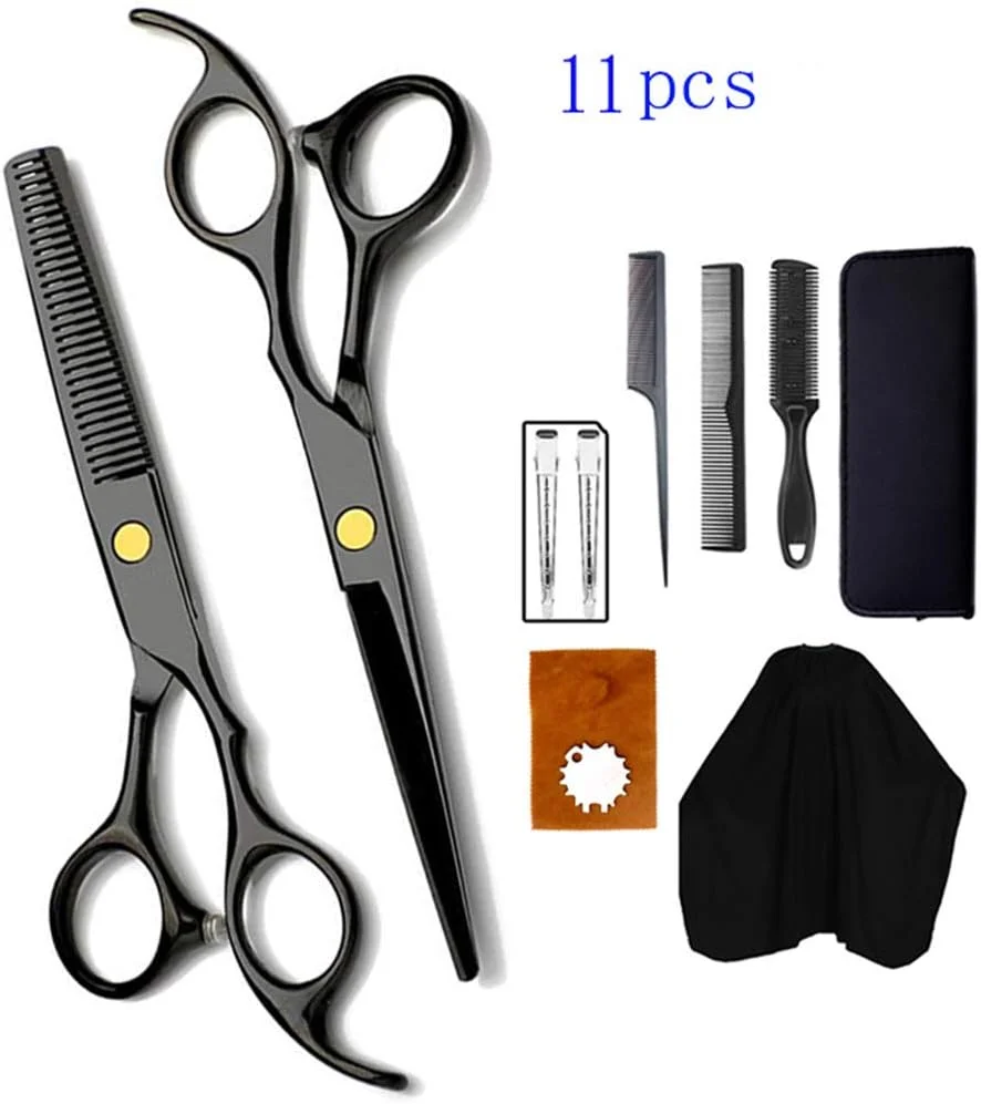 ست قیچی آرایشگری حرفه ای مشکی SXFXZ، قیچی آرایشگری 6.0 اینچی، قیچی اصلاح مو، ابزار آرایشگاه، قیچی استیل مو، لوازم آرایشگری (ست 11 عددی)