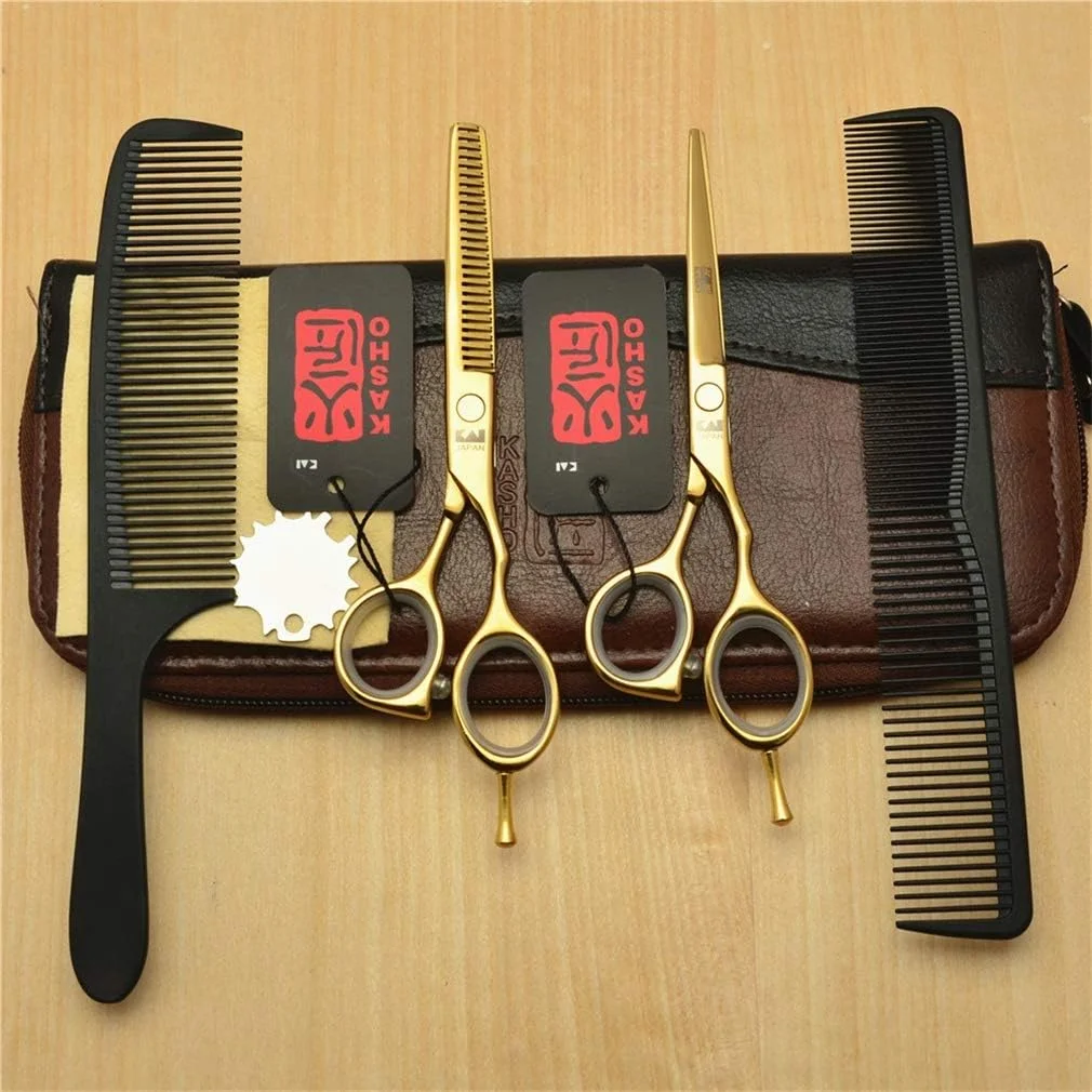 قیچی آرایشگری حرفه ای SXFXZ، 5.5 اینچ، طلایی، دم تک، مناسب دست راست، ست قیچی آرایشگری، قیچی سلمانی، قیچی پیتاژ، ابزار آرایشگاه، فولاد 440C، لوازم آرایشگری مو، شانه