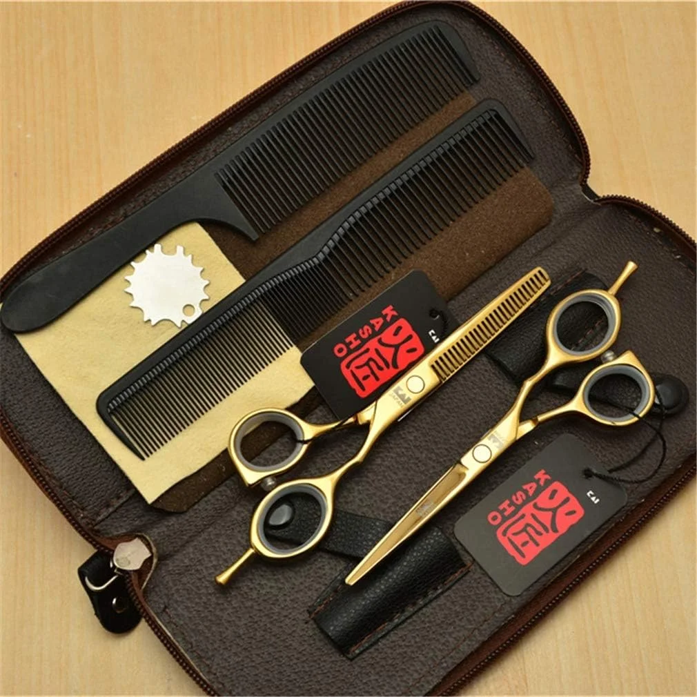 قیچی آرایشگری حرفه ای SXFXZ، 5.5 اینچ، طلایی، دم تک، مناسب دست راست، ست قیچی آرایشگری، قیچی سلمانی، قیچی پیتاژ، ابزار آرایشگاه، فولاد 440C، لوازم آرایشگری مو، شانه