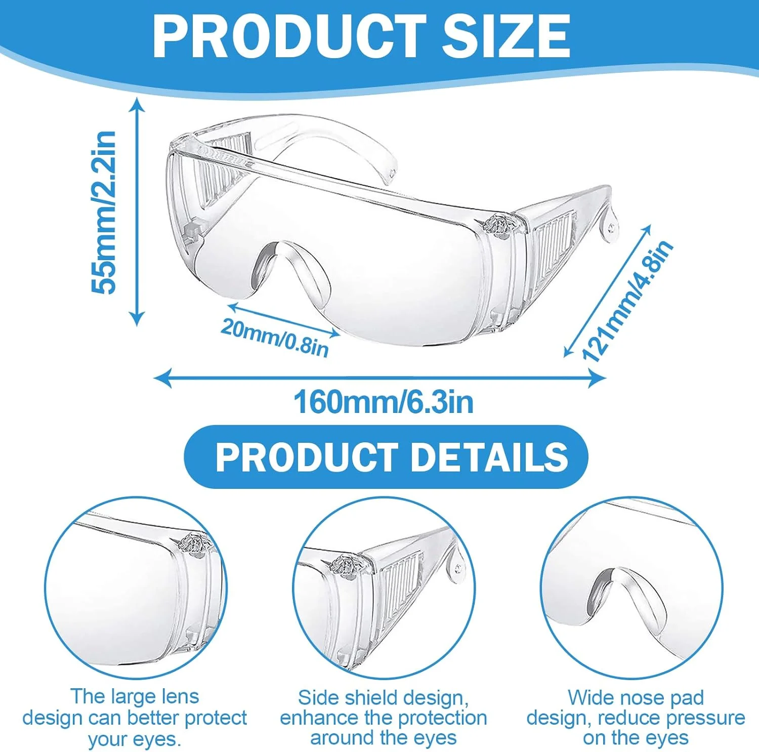 عینک ایمنی TINA.WIN قابل استفاده روی عینک طبی، عینک ایمنی ضد بخار و سبک وزن مقاوم در برابر خش برای کار در آزمایشگاه و علوم، پرستاران، سفید