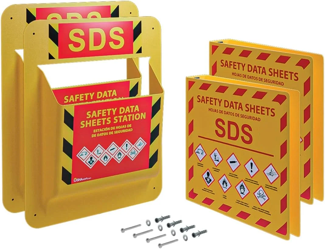 پکیج 2 عددی پوشه و استند دیواری برگه اطلاعات ایمنی مواد (MSDS/SDS) Yellow Safety Inc. - مطابق با الزامات به روز شده سال 2023، مقاوم و سنگین، حلقه 3 اینچی، پوشه SDS و نگهدارنده دیواری MSDS، شامل لوازم نصب