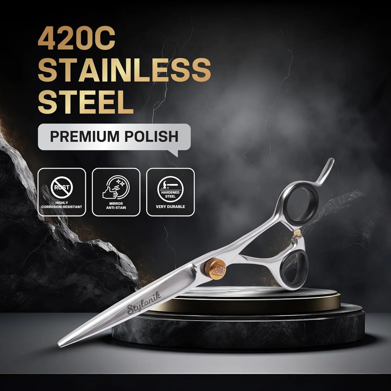 قیچی آرایشگری ممتاز استایلونیک - نقره ای، لبه مقعر، فولاد ضد زنگ، 7 اینچ، دو طرفه، قیچی سالن و آرایشگاه