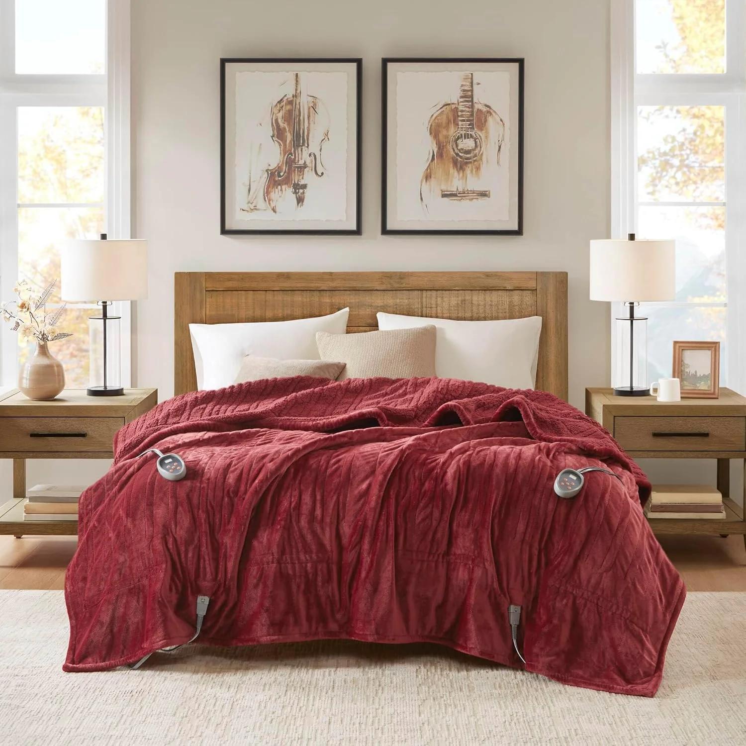 پتوی برقی پشمی Woolrich مدل Heated Plush to Berber، بسیار نرم و بافتنی، گرم و راحت، با قابلیت خاموشی خودکار و کنترلر تنظیم حرارت چند سطحی، سایز کوئین: ۸۴x۹۰، رنگ یاقوتی