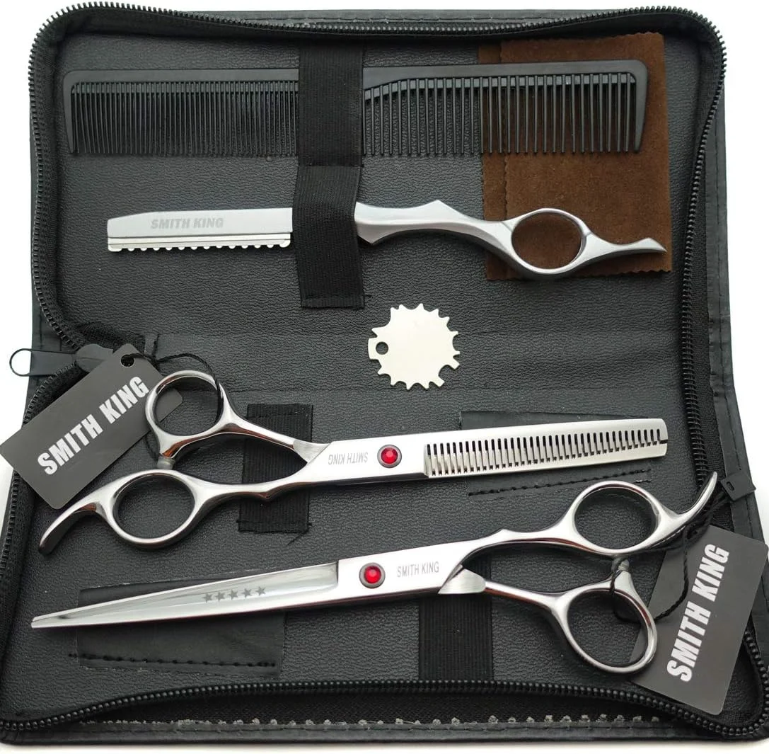 ست قیچی آرایشگری حرفه ای اسمیت کینگ (18 سانتی متر، نقره ای) - قیچی کوتاهی و پیتاژ مو 18 سانتی متری به همراه تیغ (نقره ای)