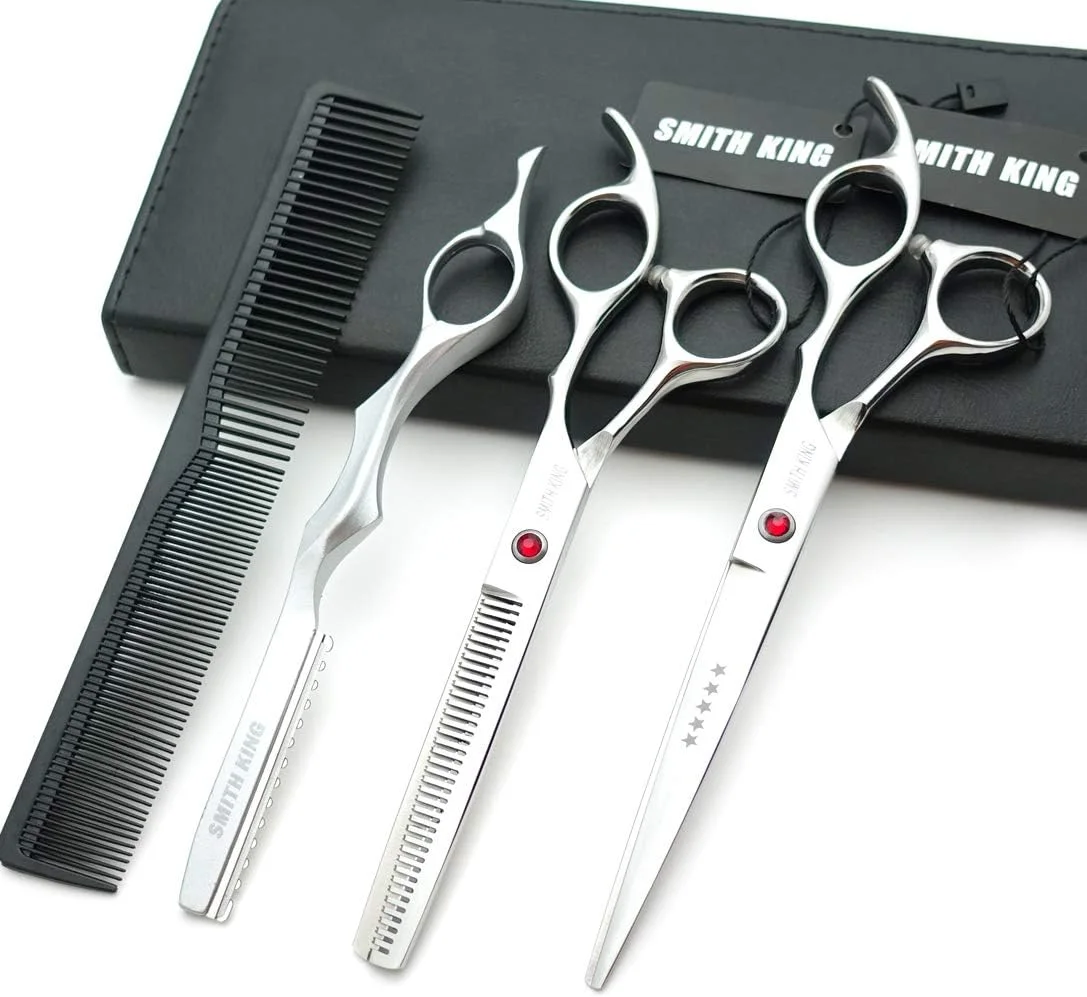 ست قیچی آرایشگری حرفه ای اسمیت کینگ (18 سانتی متر، نقره ای) - قیچی کوتاهی و پیتاژ مو 18 سانتی متری به همراه تیغ (نقره ای)