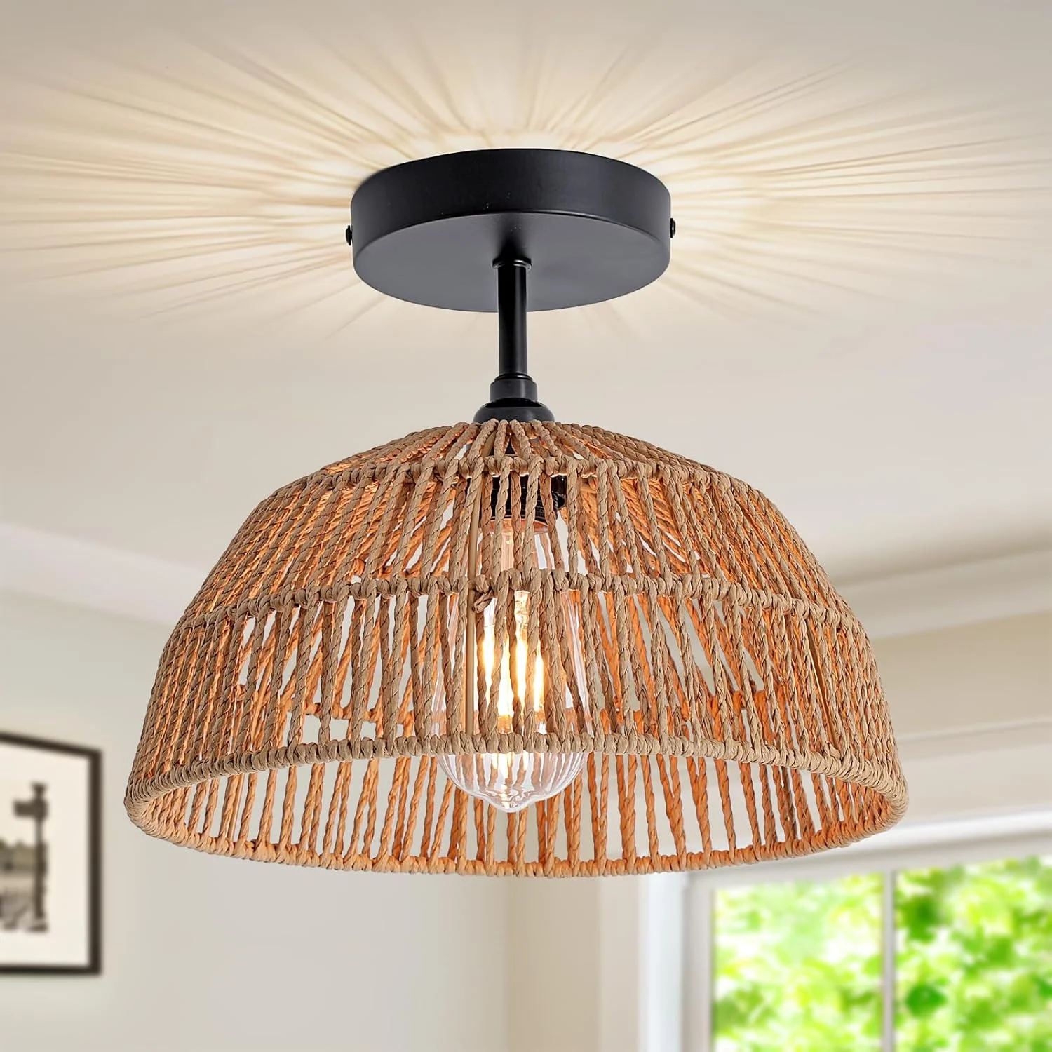 چراغ سقفی نیمه فرورفته مدرن YATAI - سایه گنبدی به سبک خانه روستایی بوهمی با طناب کنفی طبیعی و پایه آهنی مشکی - لامپ E27 برای نورپردازی تزئینی داخلی چراغ سقفی نیمه فرورفته مدرن YATAI - سایه گنبدی به سبک خانه روستایی بوهمی با طناب کنفی طبیعی و پایه آهنی مشکی - لامپ E27 برای نورپردازی تزئینی داخلی