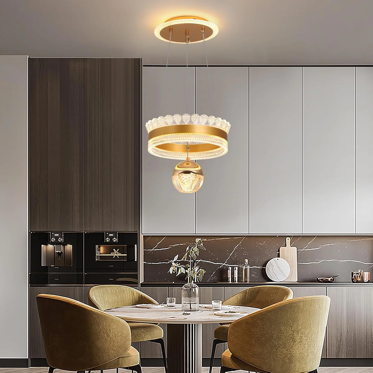 چراغ آویز مدرن LED یاتای، مشکی 48 وات، گرد، با ارتفاع قابل تنظیم و نورپردازی سه رنگی دیمرپذیر (3000K-6000K)، نصب نیمه فلاش برای اتاق غذاخوری، آشپزخانه و رستوران ها، 30 سانتی متر