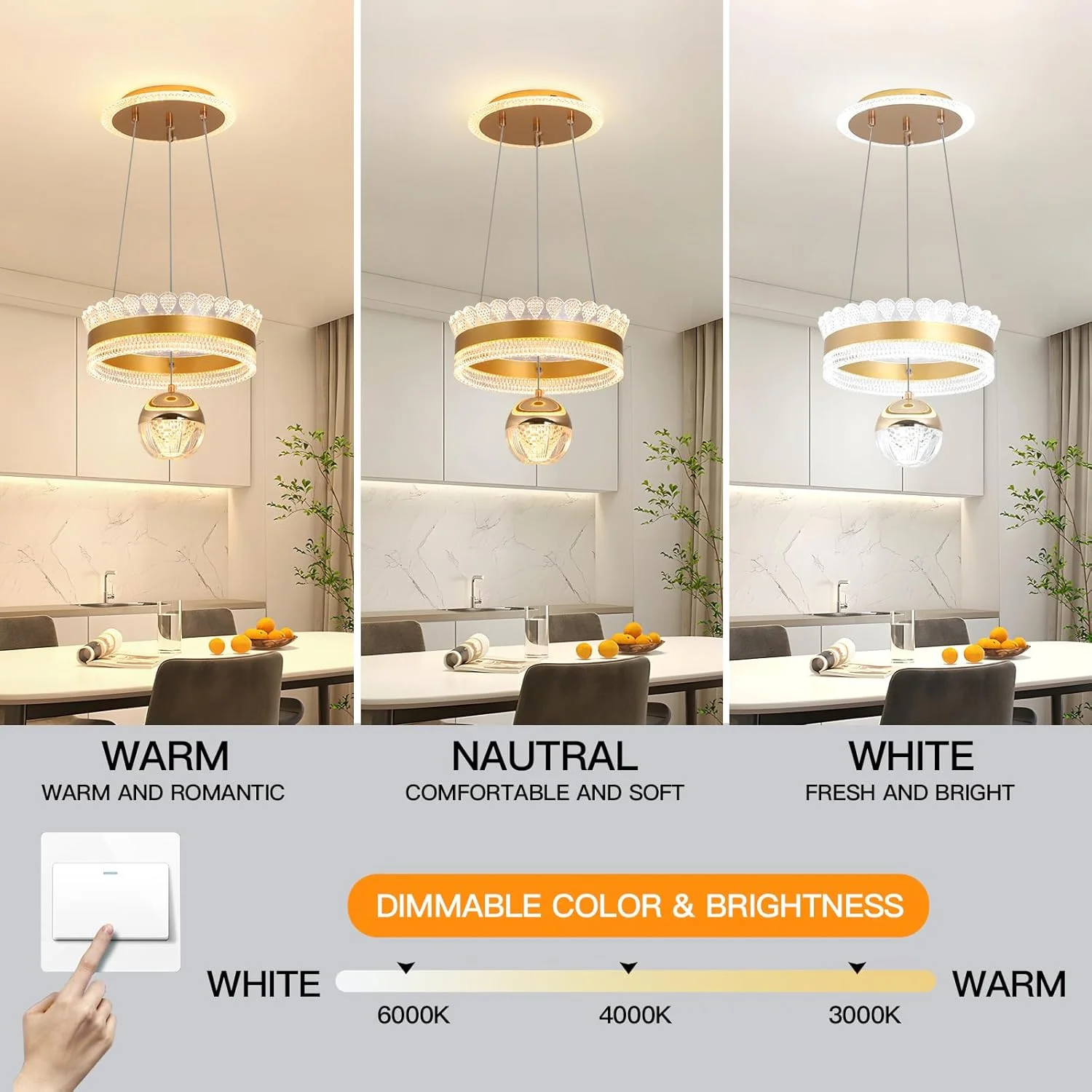 چراغ آویز مدرن LED یاتای، مشکی 48 وات، گرد، با ارتفاع قابل تنظیم و نورپردازی سه رنگی دیمرپذیر (3000K-6000K)، نصب نیمه فلاش برای اتاق غذاخوری، آشپزخانه و رستوران ها، 30 سانتی متر