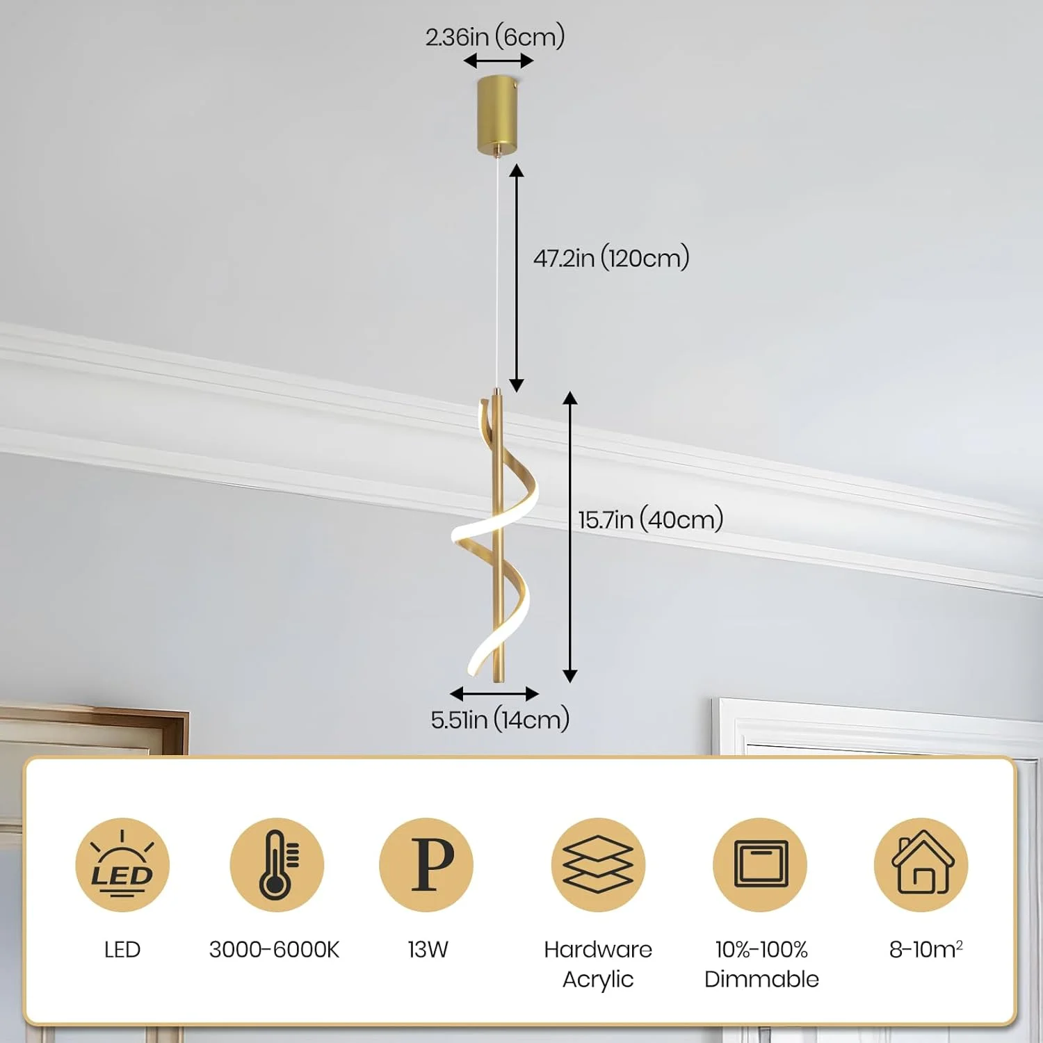 چراغ آویز طلایی مدرن YATAI، ارتفاع قابل تنظیم 120 سانتی متر، ال ای دی 13 وات، سه رنگ قابل تنظیم (3000K-6000K)، نصب نیمه فرورفته سقفی آلومینیومی و اکریلیک برای غذاخوری، آشپزخانه، کنار تخت چراغ آویز طلایی مدرن YATAI، ارتفاع قابل تنظیم 120 سانتی متر، ال ای دی 13 وات، سه رنگ قابل تنظیم (3000K-6000K)، نصب نیمه فرورفته سقفی آلومینیومی و اکریلیک برای غذاخوری، آشپزخانه، کنار تخت