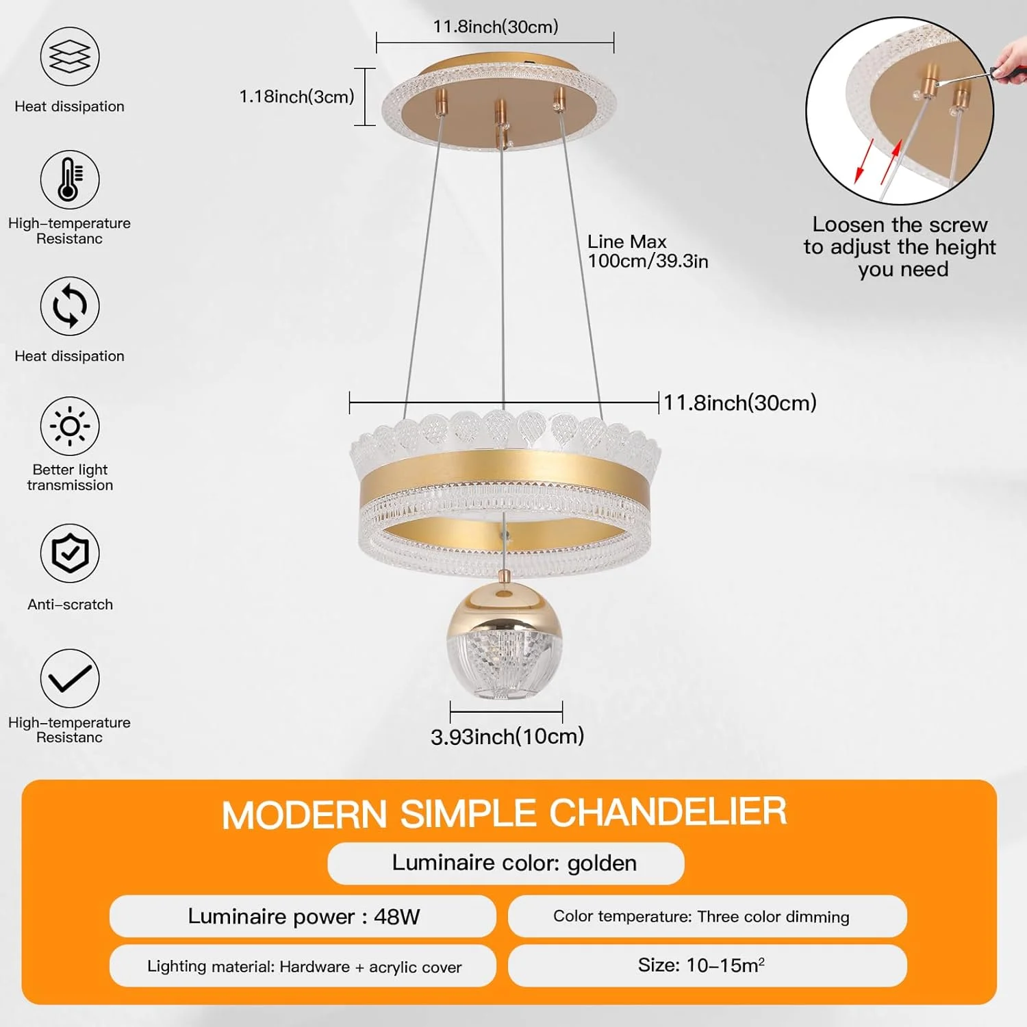 چراغ آویز مدرن LED یاتای، مشکی 48 وات، گرد، با ارتفاع قابل تنظیم و نورپردازی سه رنگی دیمرپذیر (3000K-6000K)، نصب نیمه فلاش برای اتاق غذاخوری، آشپزخانه و رستوران ها، 30 سانتی متر