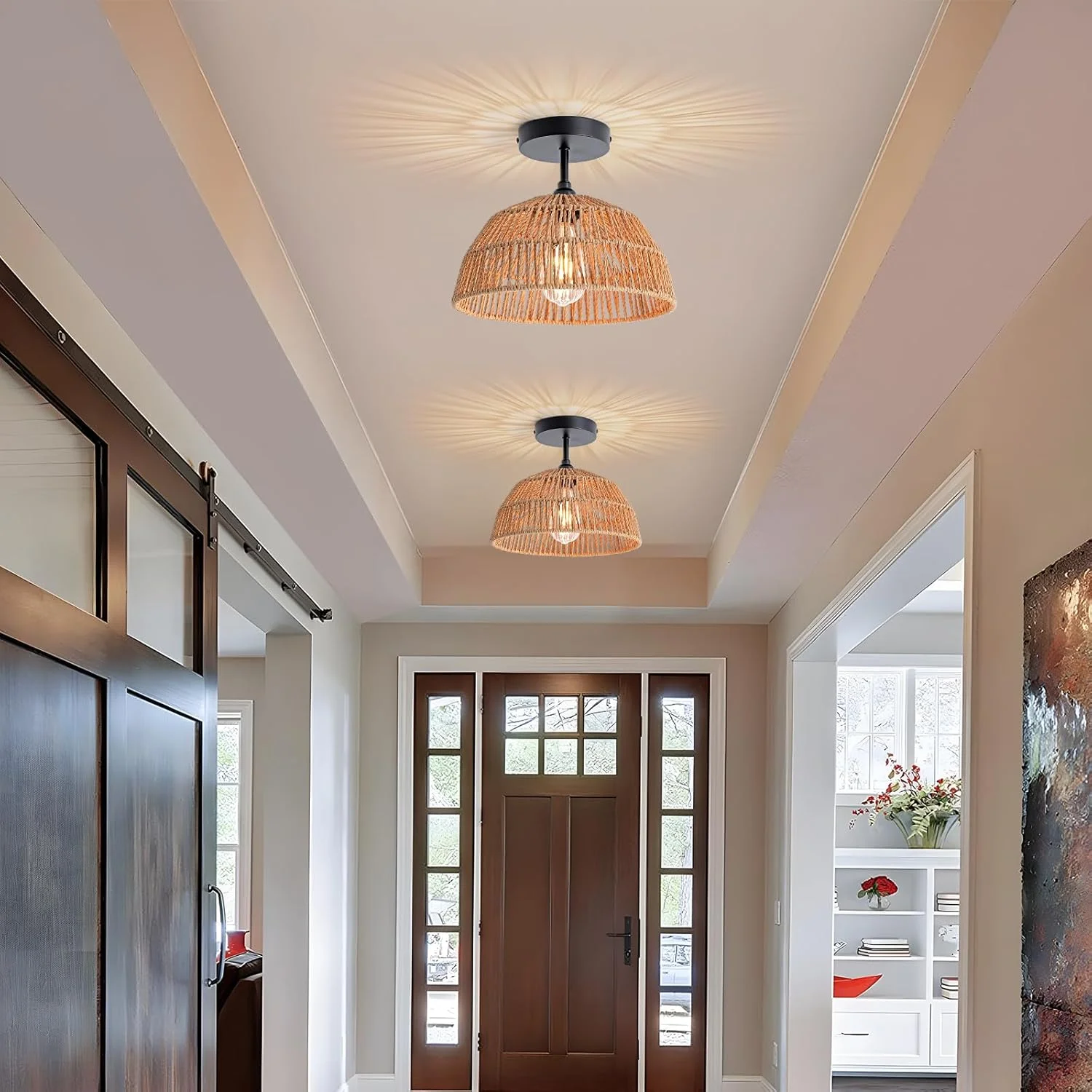 چراغ سقفی نیمه فرورفته مدرن YATAI - سایه گنبدی به سبک خانه روستایی بوهمی با طناب کنفی طبیعی و پایه آهنی مشکی - لامپ E27 برای نورپردازی تزئینی داخلی چراغ سقفی نیمه فرورفته مدرن YATAI - سایه گنبدی به سبک خانه روستایی بوهمی با طناب کنفی طبیعی و پایه آهنی مشکی - لامپ E27 برای نورپردازی تزئینی داخلی