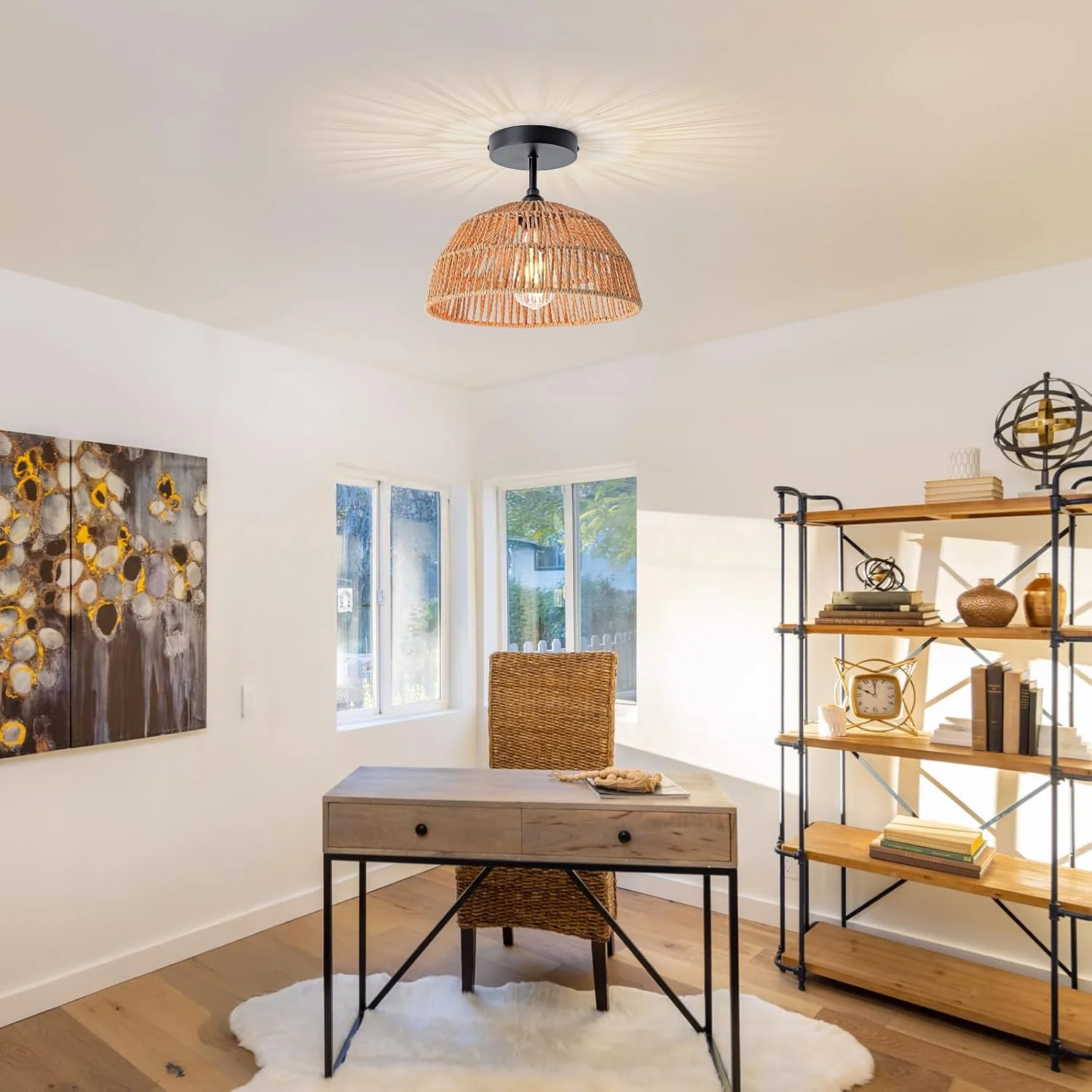 چراغ سقفی نیمه فرورفته مدرن YATAI - سایه گنبدی به سبک خانه روستایی بوهمی با طناب کنفی طبیعی و پایه آهنی مشکی - لامپ E27 برای نورپردازی تزئینی داخلی چراغ سقفی نیمه فرورفته مدرن YATAI - سایه گنبدی به سبک خانه روستایی بوهمی با طناب کنفی طبیعی و پایه آهنی مشکی - لامپ E27 برای نورپردازی تزئینی داخلی