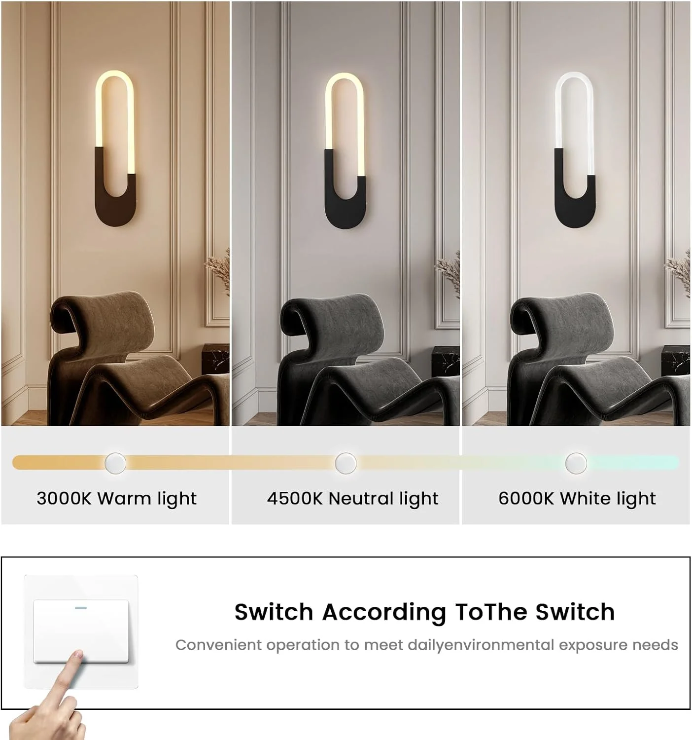 چراغ دیواری ال ای دی مدرن و مینیمال یاتای، 10 وات، مشکی، اکریلیک و فلزی، چراغ دیواری سه رنگ قابل تنظیم برای اتاق خواب، اتاق غذاخوری، راهرو، کنار تخت، 3000-6000K