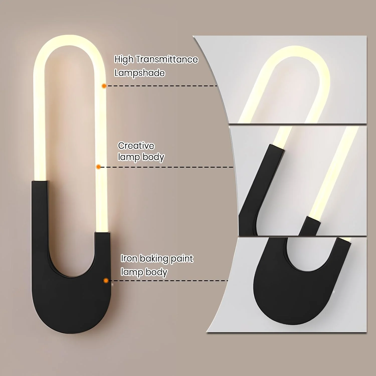 چراغ دیواری ال ای دی مدرن و مینیمال یاتای، 10 وات، مشکی، اکریلیک و فلزی، چراغ دیواری سه رنگ قابل تنظیم برای اتاق خواب، اتاق غذاخوری، راهرو، کنار تخت، 3000-6000K