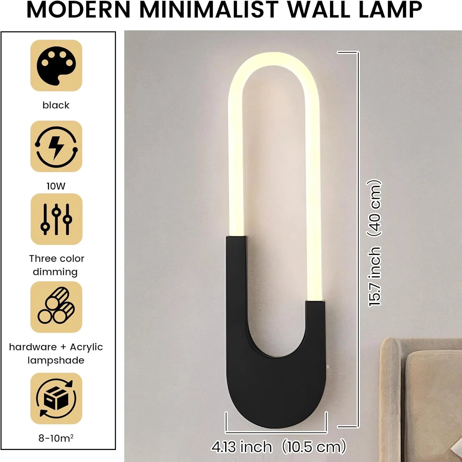 چراغ دیواری ال ای دی مدرن و مینیمال یاتای، 10 وات، مشکی، اکریلیک و فلزی، چراغ دیواری سه رنگ قابل تنظیم برای اتاق خواب، اتاق غذاخوری، راهرو، کنار تخت، 3000-6000K