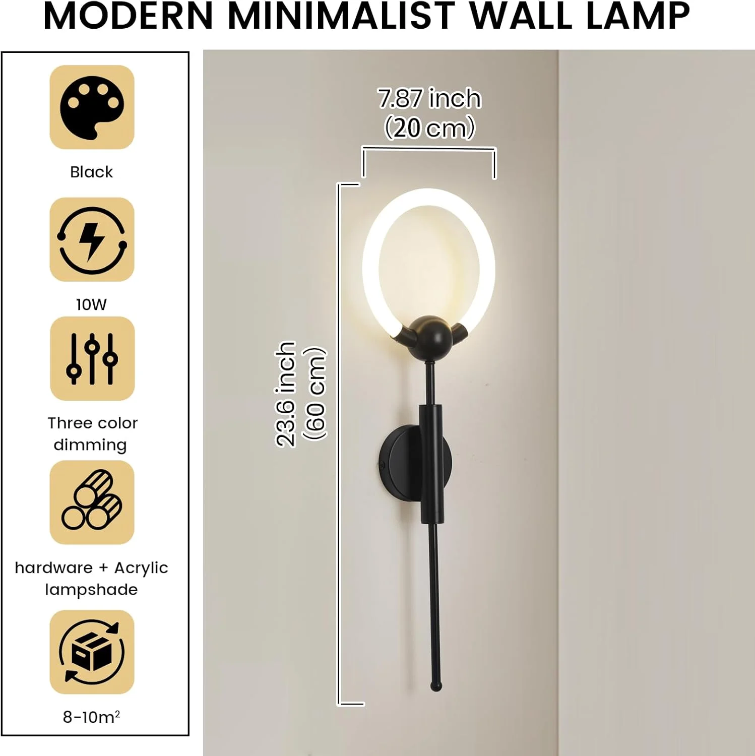 YATAI Modern Minimalist LED Wall Light, 10W Dimmable 3000K-6000K, 60CM Black Acrylic & Metal Fixture, Switch Control, Stylish Wall Lamp for Bedroom, Dining Room, Hallway, Mirror Side