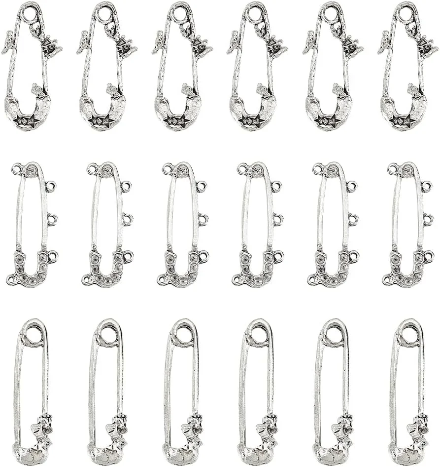 آریکرافت 18 عددی گیره کاغذ سنجاق قفلی، 3 مدل آلیاژی نقره ای عتیقه نگین دار لوستر اتصالات قطعات تنظیمات یکپارچهسازی با سیستمعامل سنجاق سینه ابزار خیاطی برای لوازم جانبی بافتنی