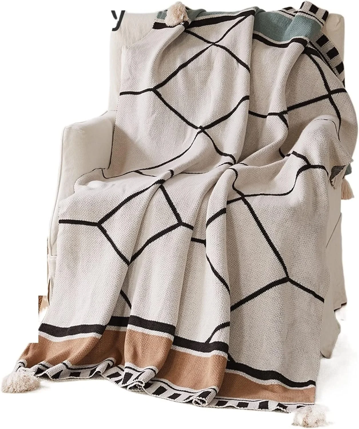 پتو مبل WMGSDWB، پتوی بافتنی نخی پنبه ای با منگوله، روکش مبل طرح هندسی، پتوی تخت، پتوی دکوراسیون منزل