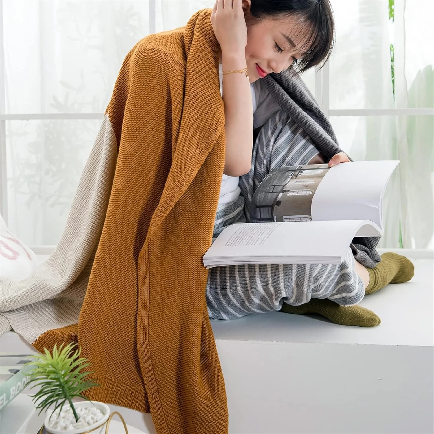 پتوهای طرح دار بافتنی رنگی WMGSDWB، پتوی تزئینی منزل، مبل، تخت خواب، پتوهای نرم و لطیف، پتو گرم مناسب چرت زدن در اداره (Hortelé)