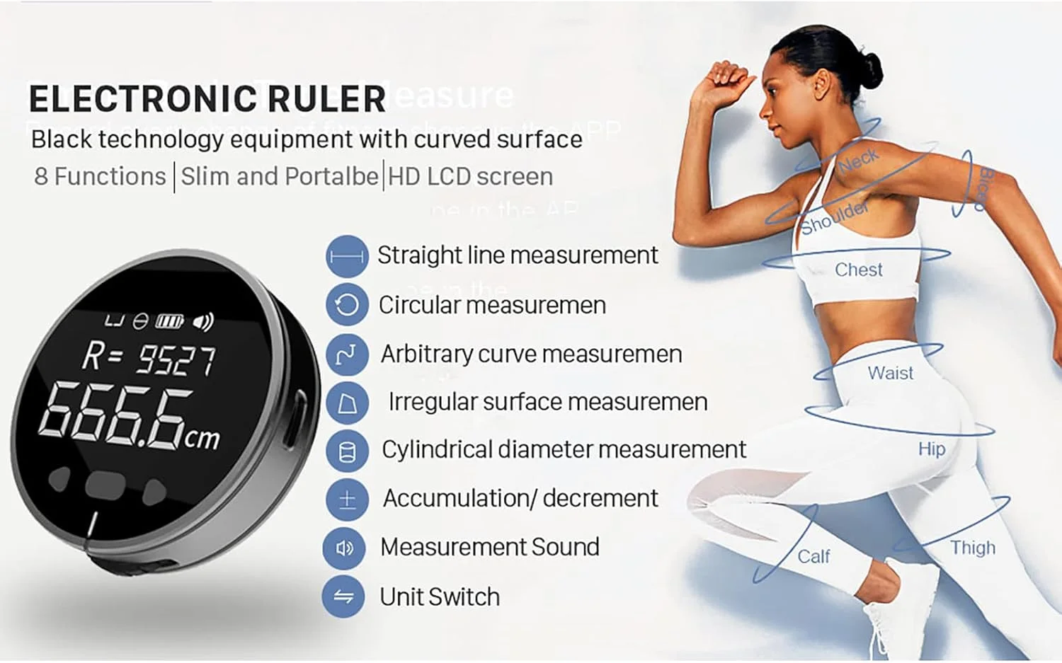 متر نواری دیجیتال، ابزار الکترونیکی LCD، عملکرد جمع/تفریق مسافت تا 99 متر، قابل استفاده برای اندازه گیری سطوح گرد/منحنی/انعطاف پذیر/اجسام نامنظم