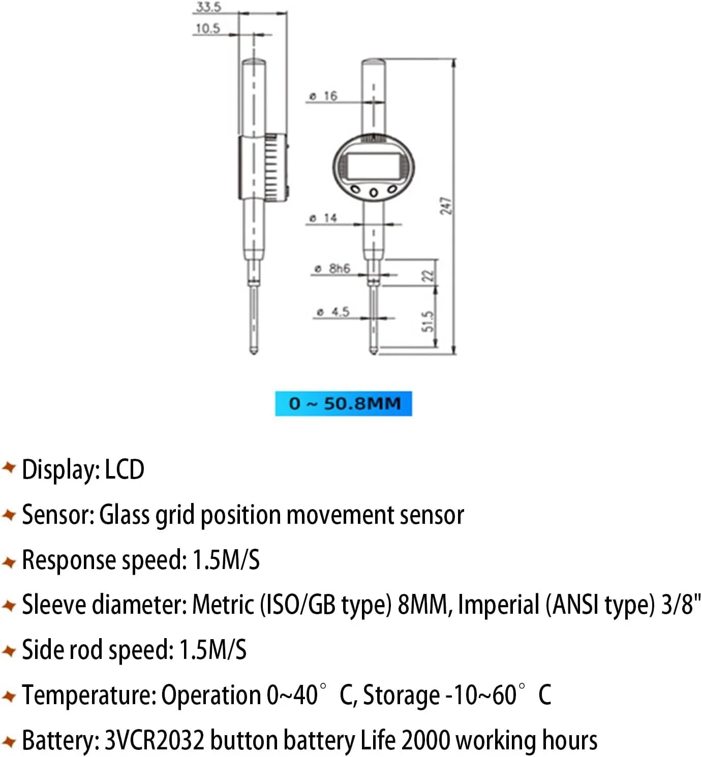اندیکاتور دیجیتال الکترونیکی، ابزار تست میکرومتر دیجیتال با دقت بالا، گیج اندیکاتور میکرون، محدوده اندازه گیری 0-50.8 میلی متر، برای ماشینکاری، اندازه گیری دقیق