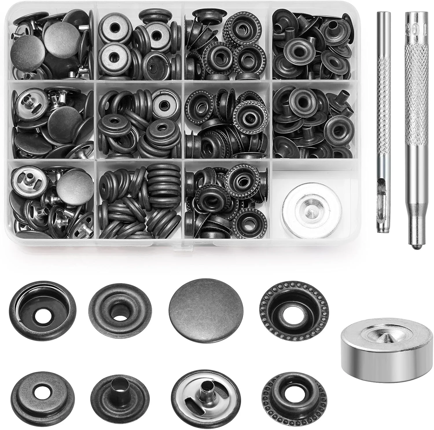 ست دکمه فشاری Amentalove، دکمه های فشاری بدون نیاز به دوخت، دکمه های فشاری فلزی، دکمه فشاری استیل ضد زنگ 15 میلی متری با 3 ابزار تنظیم، دکمه استیل ضد زنگ برای لباس، ژاکت، کیف، چرم