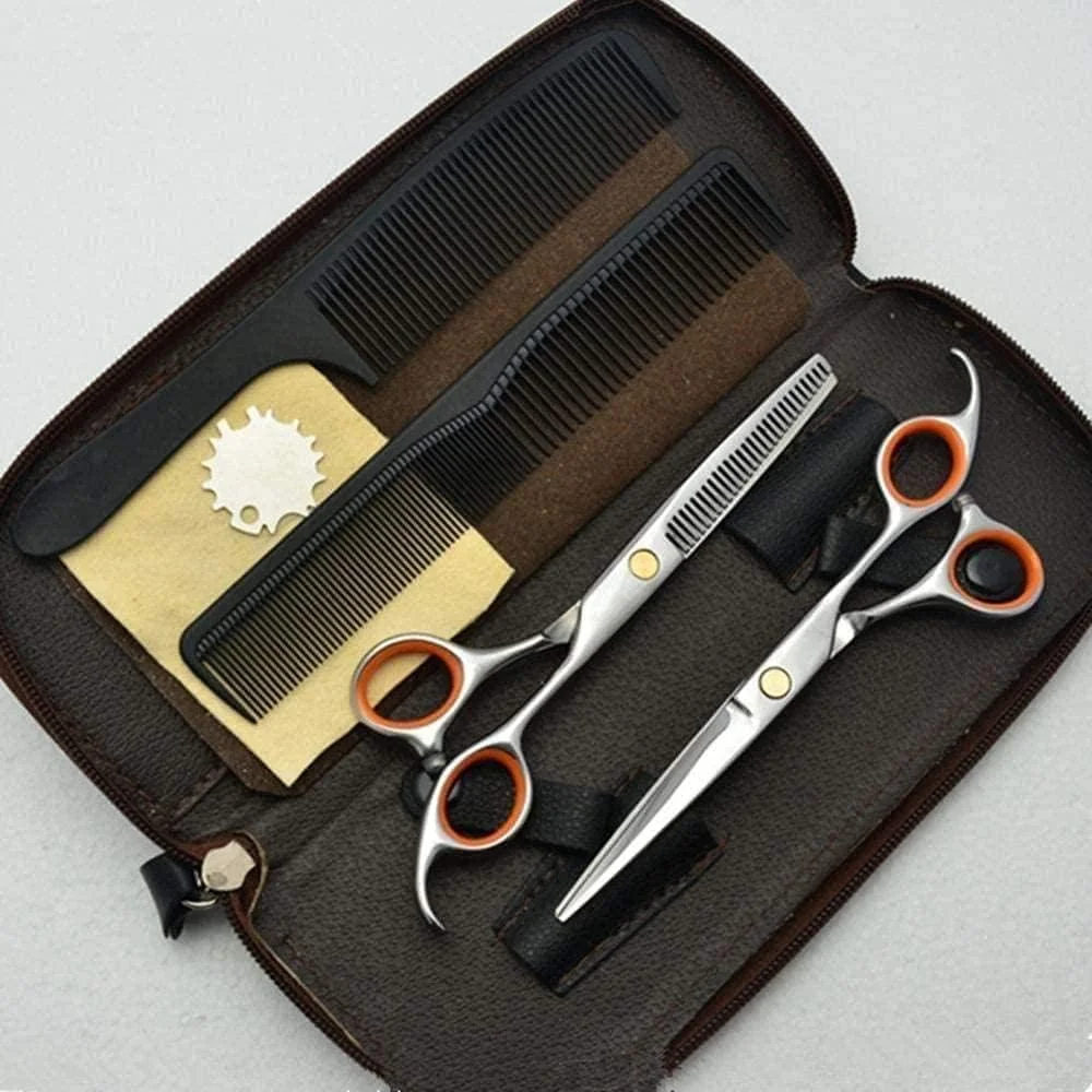 قیچی آرایشگری حرفه ای و ست قیچی پیتاژ نقره ای 6 اینچی با دندانه های شاخ گوزنی و الماس درخشان، مناسب برای آرایشگاه ها و استفاده خانگی