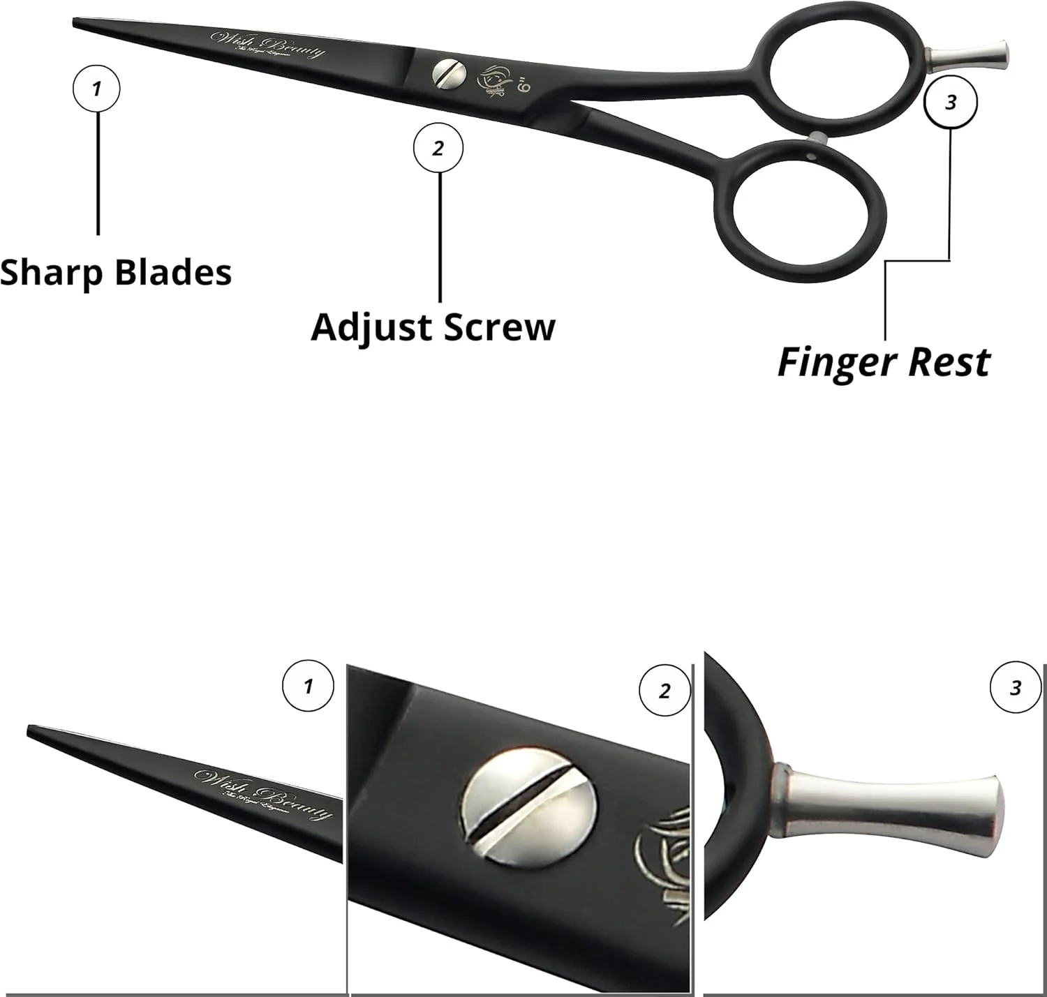 قیچی آرایشگری مو Wishbeauty برای اصلاح مو - قیچی مو 6 اینچی فولاد ضد زنگ با لبه تیز - قیچی آرایشگری با کیف برای سالن، خانه، مردان، زنان (مشکی)