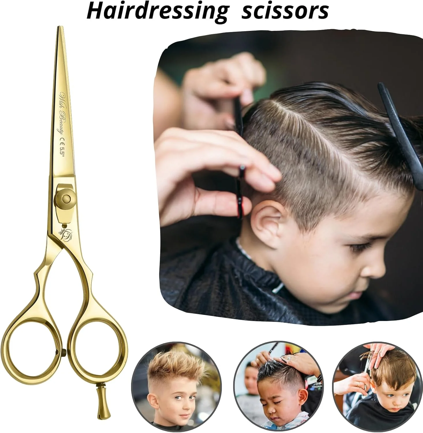 قیچی آرایشگری حرفه ای 5.5 اینچی Wishbeauty، قیچی موی طلایی استیل ضد زنگ، قیچی آرایشگری سالنی مناسب برای آقایان و خانم ها - آرایش مو