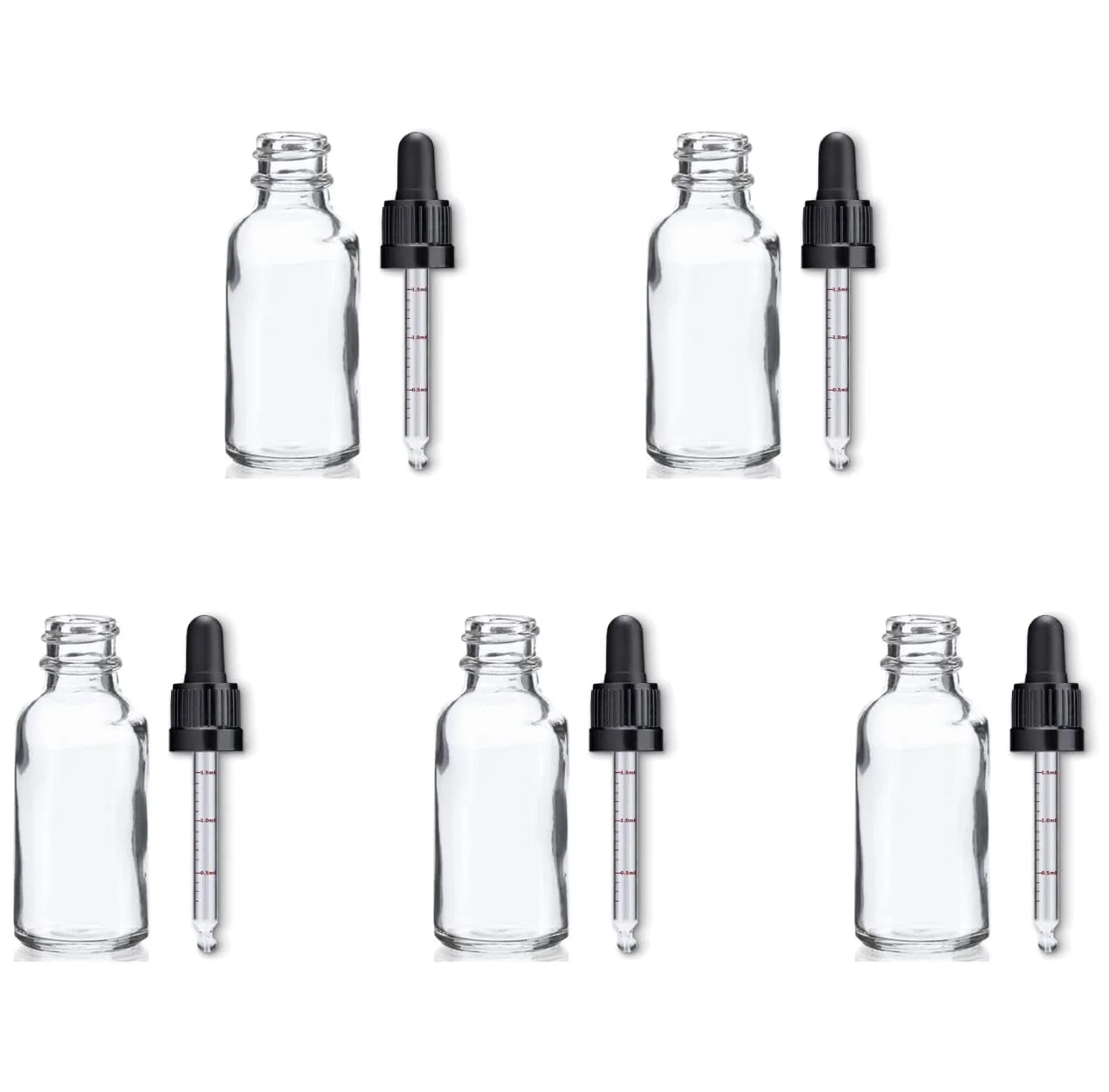 مجموعه 5 عددی بطری شیشه ای بوروسیلیکات 3.3 شفاف 50 میلی لیتری با قطره چکان مدرج کالیبره شده، بطری ذخیره سازی برای لوازم آزمایشگاهی، زیست شناسی، شیمی، آزمایشگاه، آموزش