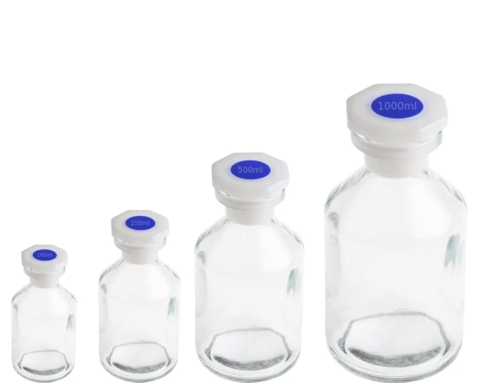 مجموعه 4 عددی بطری آزمایشگاهی سنگین، با ظرفیت های 1000 میلی لیتر، 500 میلی لیتر، 250 میلی لیتر و 100 میلی لیتر، ساخته شده از شیشه بوروسیلیکات 3.3 با کیفیت بالا، مناسب برای نگهداری مواد شیمیایی در آزمایشگاه های زیست شناسی و شیمی