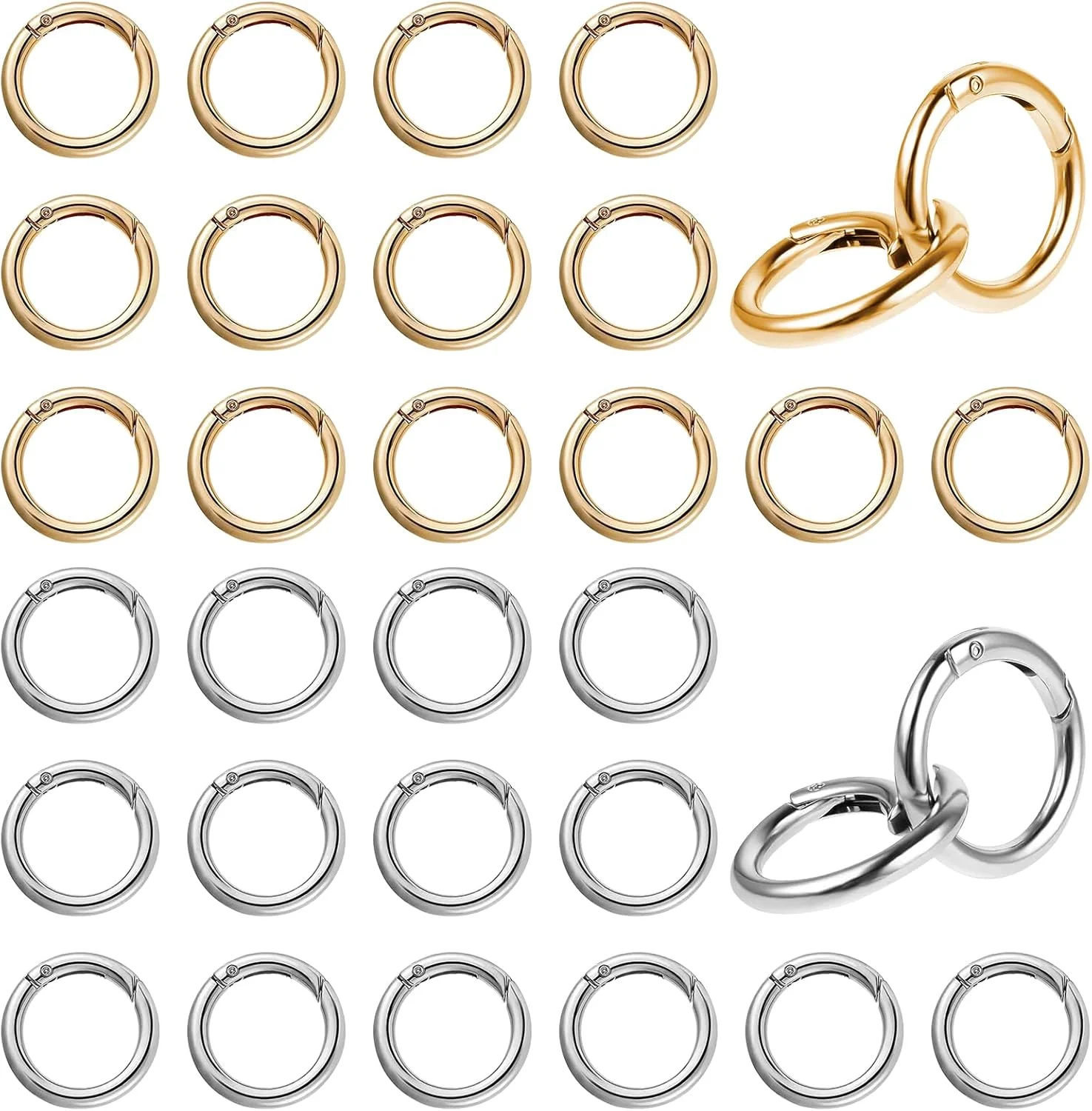 32 عدد حلقه فنری گرد برای کیف، قلاب بافی، قلاب کارابین 28 میلی متری، سگک، جاکلیدی یا برای کوله پشتی، کیف پول، بند چمدان، صنایع دستی (نقره ای و طلایی)