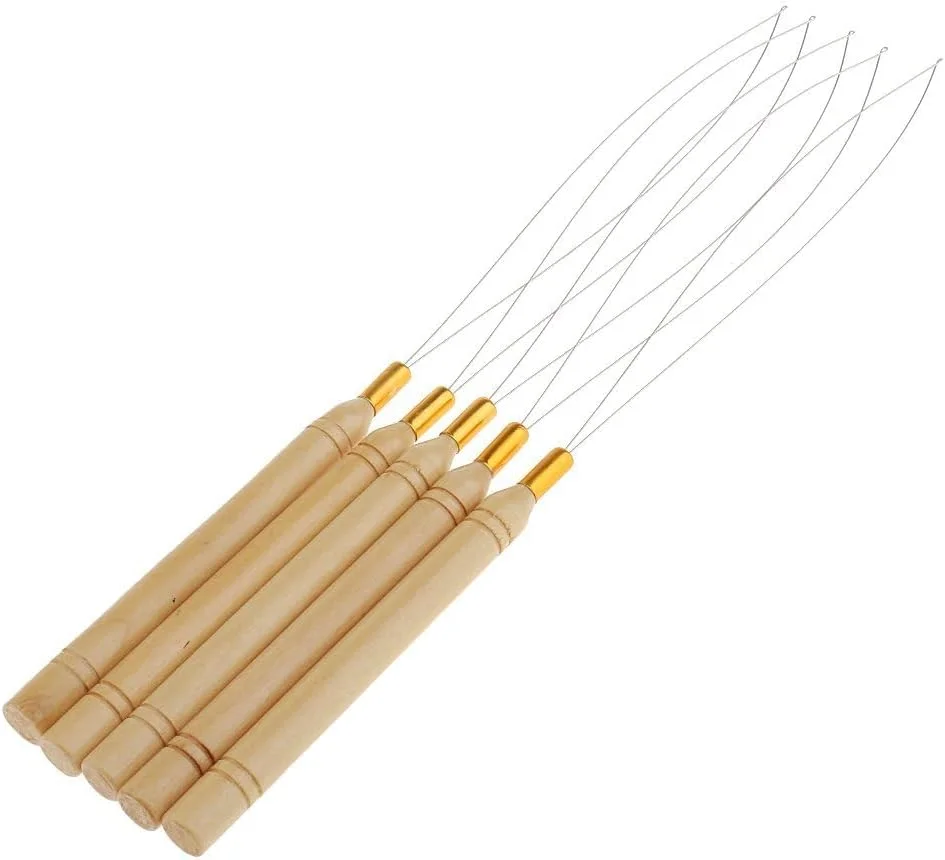 ابزار اکستنشن مو Abnitio Hair، شامل 5 قطعه سوزن حلقه ای، قلاب کششی و ابزار مهره ای برای اکستنشن مو یا پر - چوبی و استیل ضد زنگ