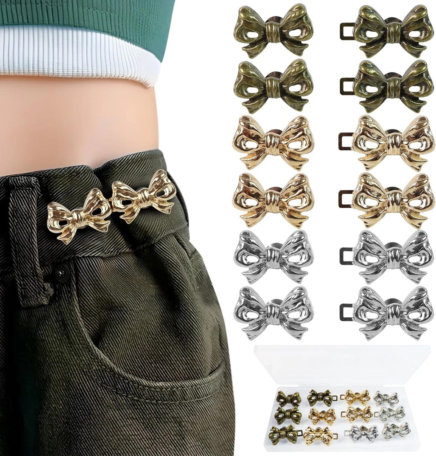 6 ست سفت کننده کمر شلوار قابل تنظیم - دکمه پین کمربند پاپیونی بدون نیاز به دوخت، سفت کننده کمر شلوار جین پاپیونی آلیاژی جداشدنی، برای شلوار و دامن با کمر خیلی گشاد (طلایی، نقره ای، مسی)