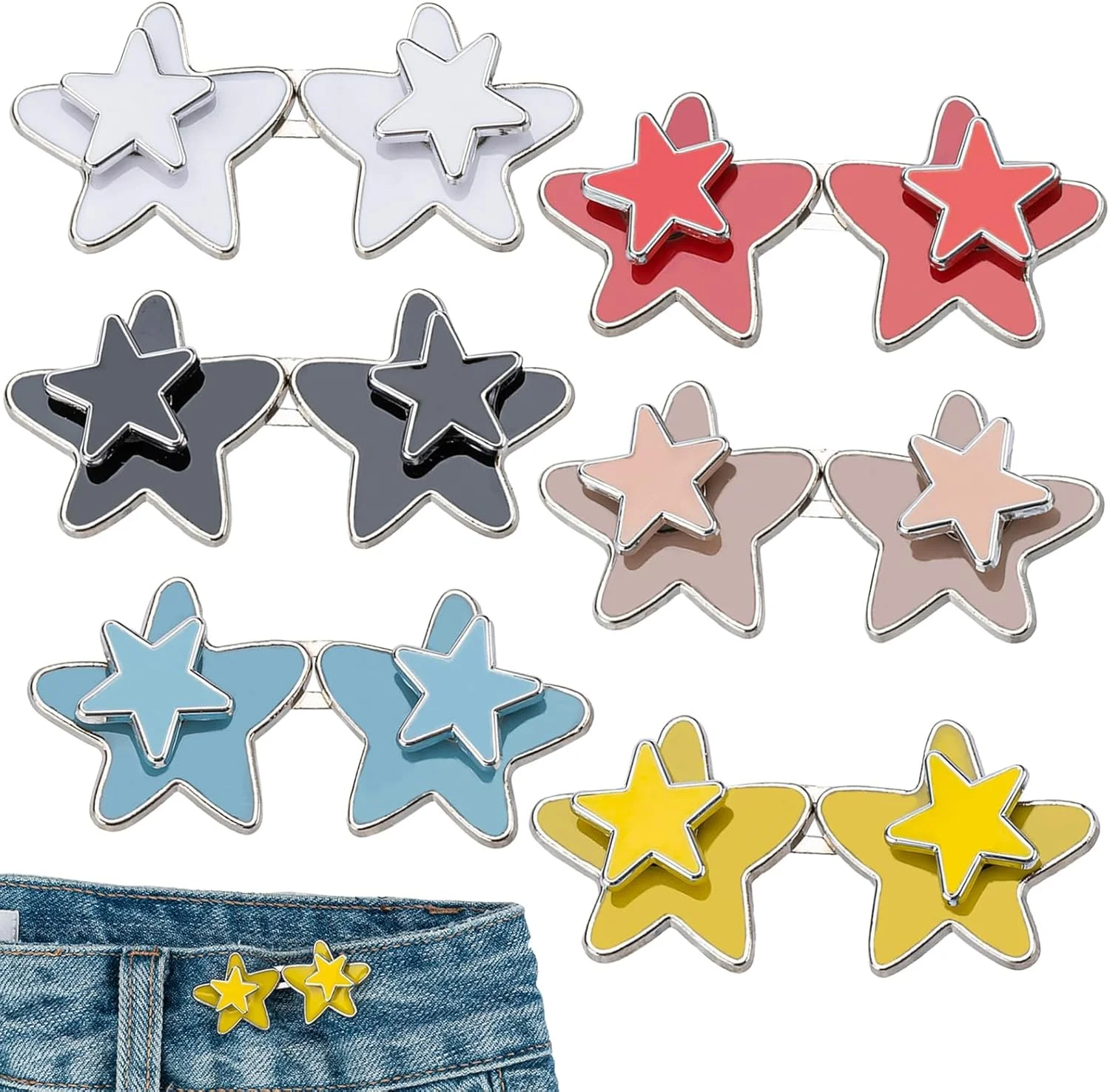 بسته 6 عددی سفت کننده فوری کمر شلوار، سنجاق دکمه ستاره ای، سفت کننده کمر بدون نیاز به دوخت، دکمه افزایش دهنده فوری آسان، برای زنان و کودکان، تنظیم کننده کمر الاستیک شل