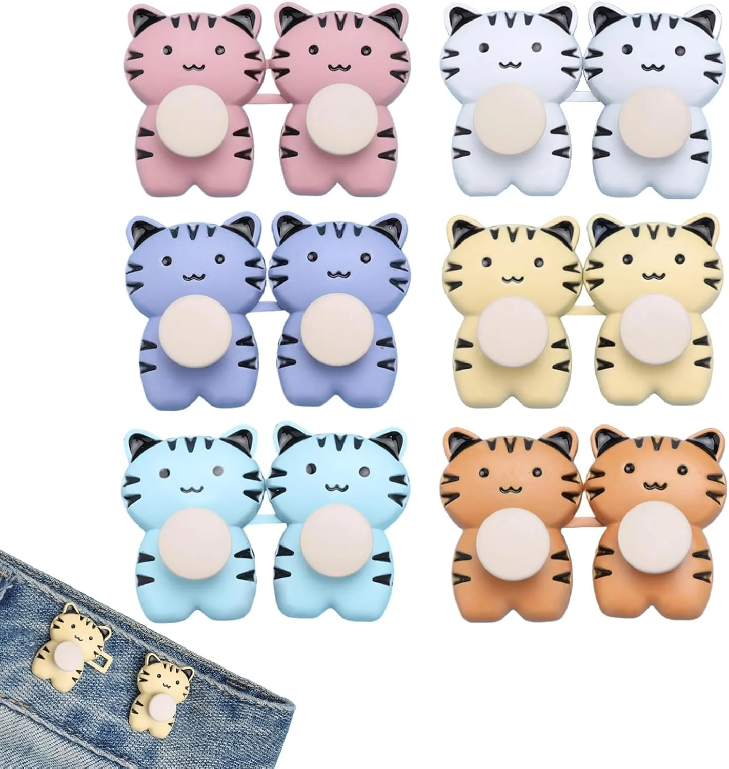 6 عدد گیره فوری تنگ کننده کمر شلوار - دکمه های طرح ببری، گیره های دکمه ای الاستیک بدون نیاز به دوخت برای زنان، کودکان، نوجوانان - بدون نیاز به ابزار، مناسب برای شلوارهای گشاد، جین و شلوار پارچه ای