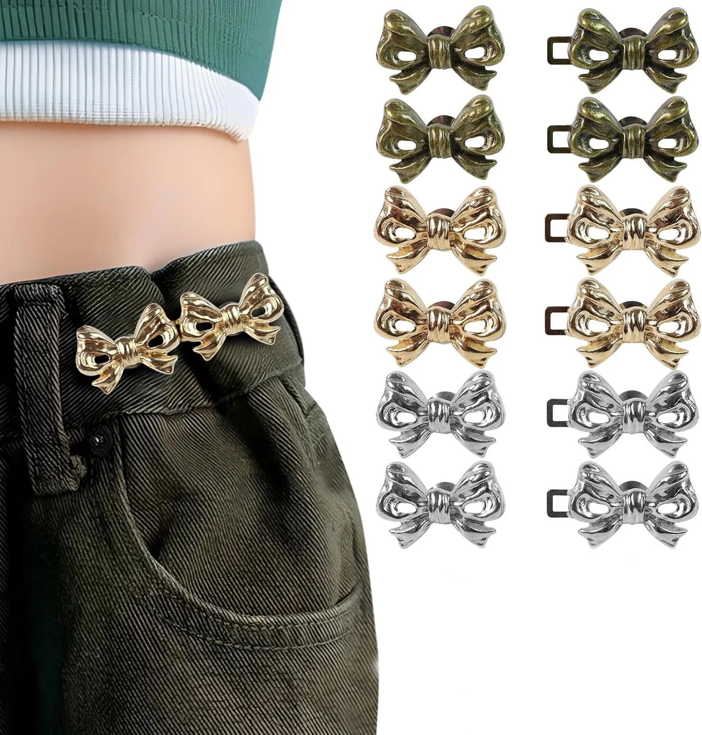 6 ست سفت کننده کمر شلوار قابل تنظیم - دکمه پین کمربند پاپیونی بدون دوخت، سفت کننده کمر شلوار جین پاپیونی آلیاژی جداشدنی، برای شلوار دامن کمر خیلی گشاد (طلایی، نقره ای، مسی)