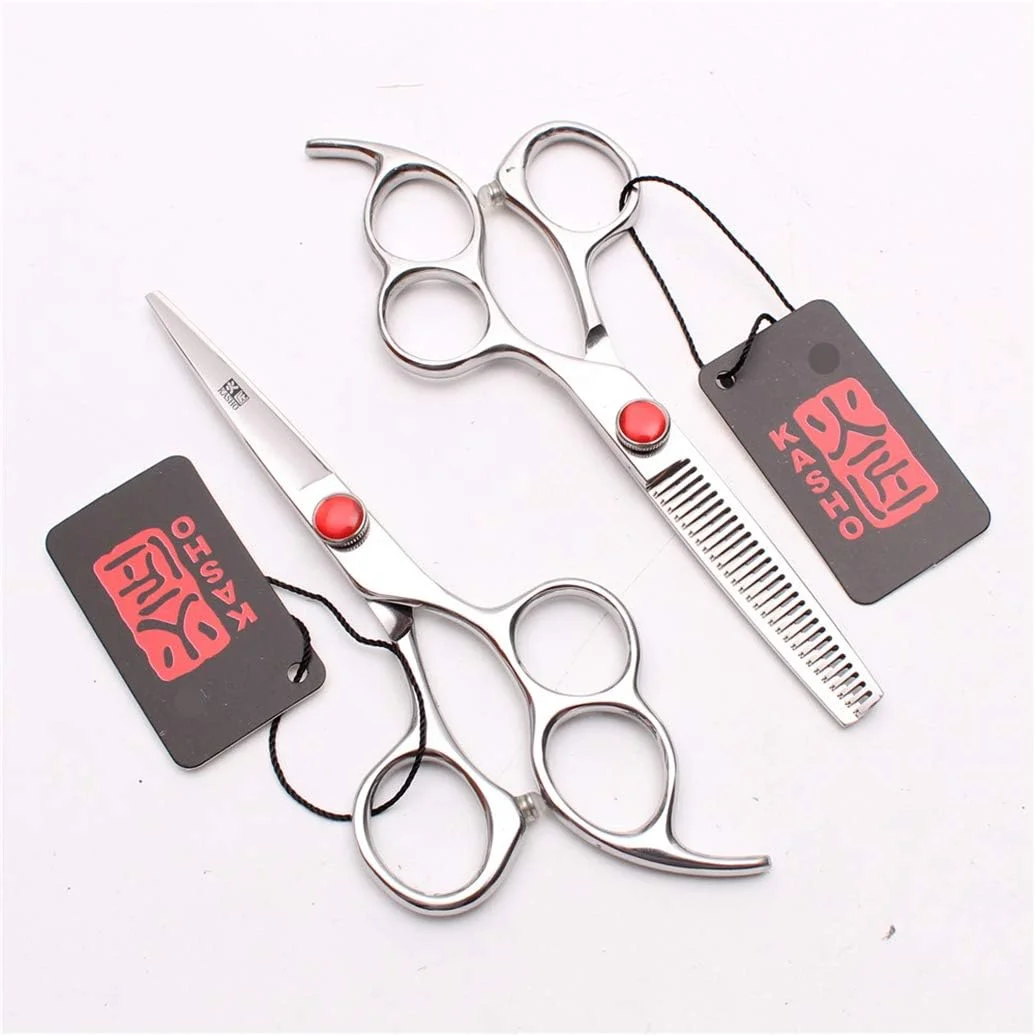 ست قیچی آرایشگری حرفه ای نقره ای 5.5/6.0 اینچی، قیچی های با کیفیت بالا با حلقه انگشتی دوتایی برای آرایشگری، قیچی های پیتاژ و حجم دهنده مو، فولاد 440C مناسب برای آرایشگران راست دست، مناسب برای کوتاهی مو در سالن (الماس قرمز)، 6.0 اینچ