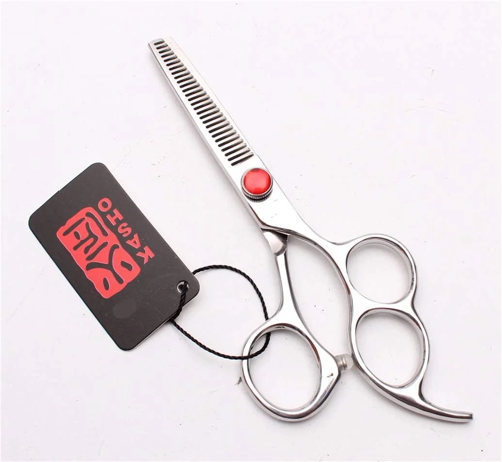 ست قیچی آرایشگری حرفه ای نقره ای 5.5/6.0 اینچی، قیچی های با کیفیت بالا با حلقه انگشتی دوتایی برای آرایشگری، قیچی های پیتاژ و حجم دهنده مو، فولاد 440C مناسب برای آرایشگران راست دست، مناسب برای کوتاهی مو در سالن (الماس قرمز)، 6.0 اینچ