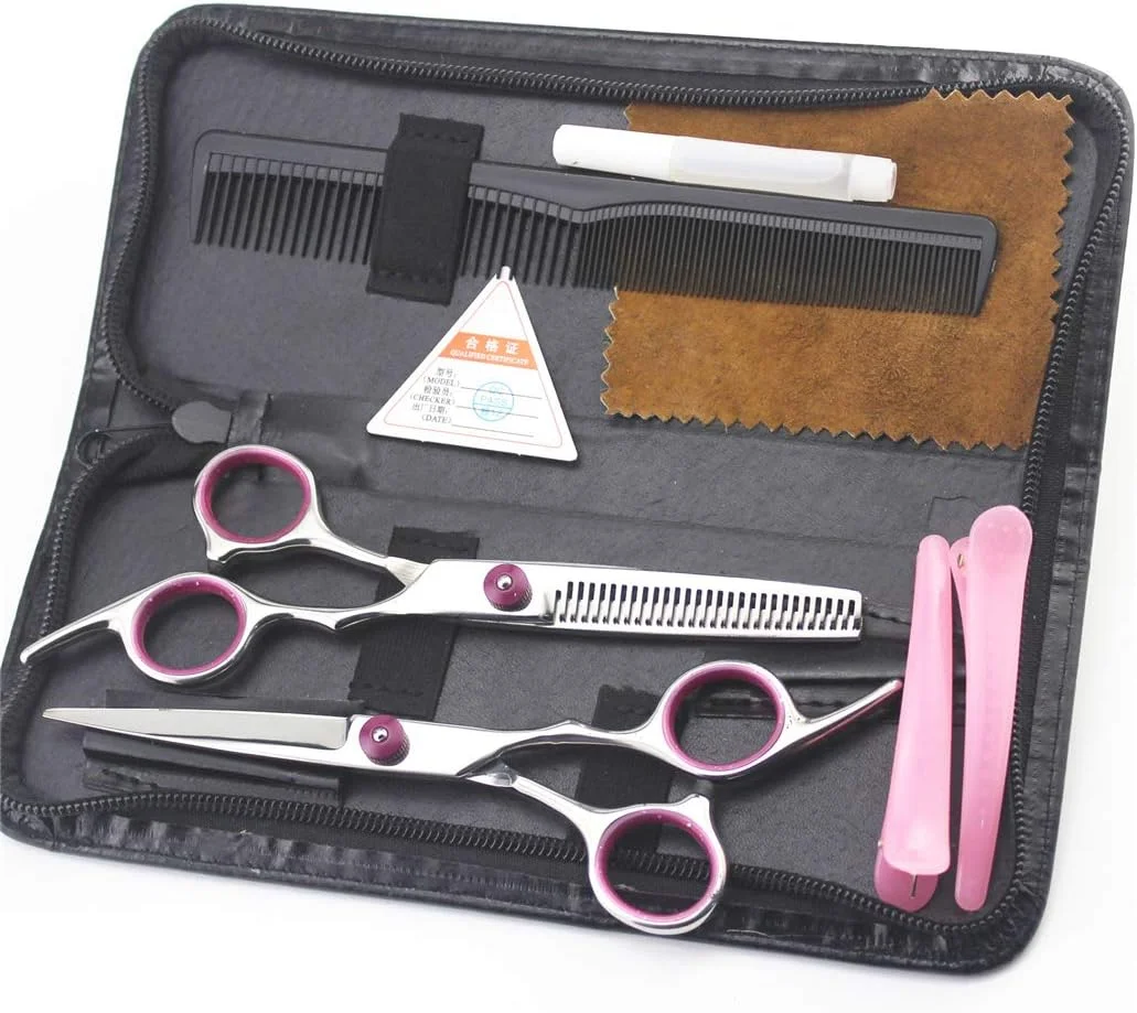 ست قیچی آرایشگری حرفه ای مدل های ممتاز 6.0 اینچی، قیچی های پیتاژ و حجم دهنده مو با فولاد 6CR مناسب آرایشگران راست دست، لوازم پیرایش مو برای منزل و سالن، صورتی