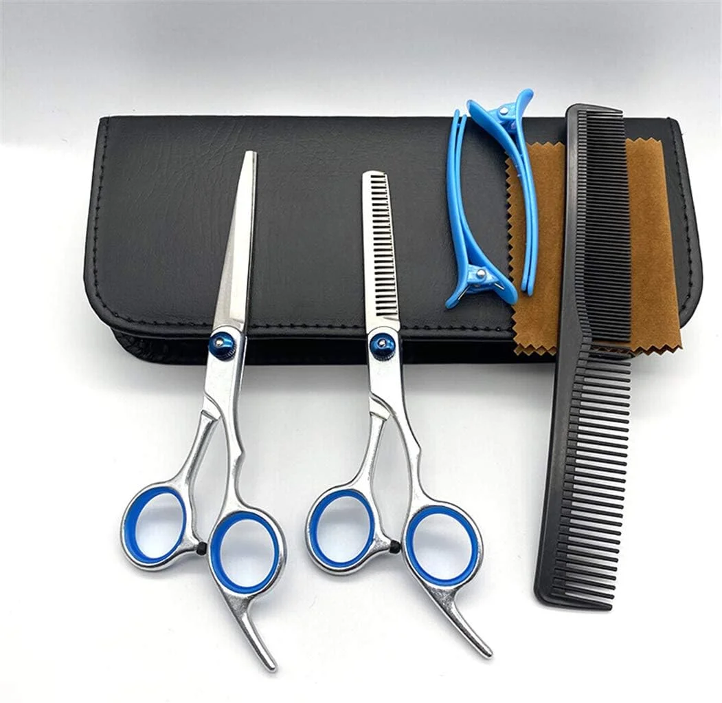 ست قیچی آرایشگری حرفه ای 6.0 اینچی، قیچی آرایشگری، قیچی پیتاژ، ابزار آرایشگاه، قیچی استیل (ست 7 عددی)، گیره آبی