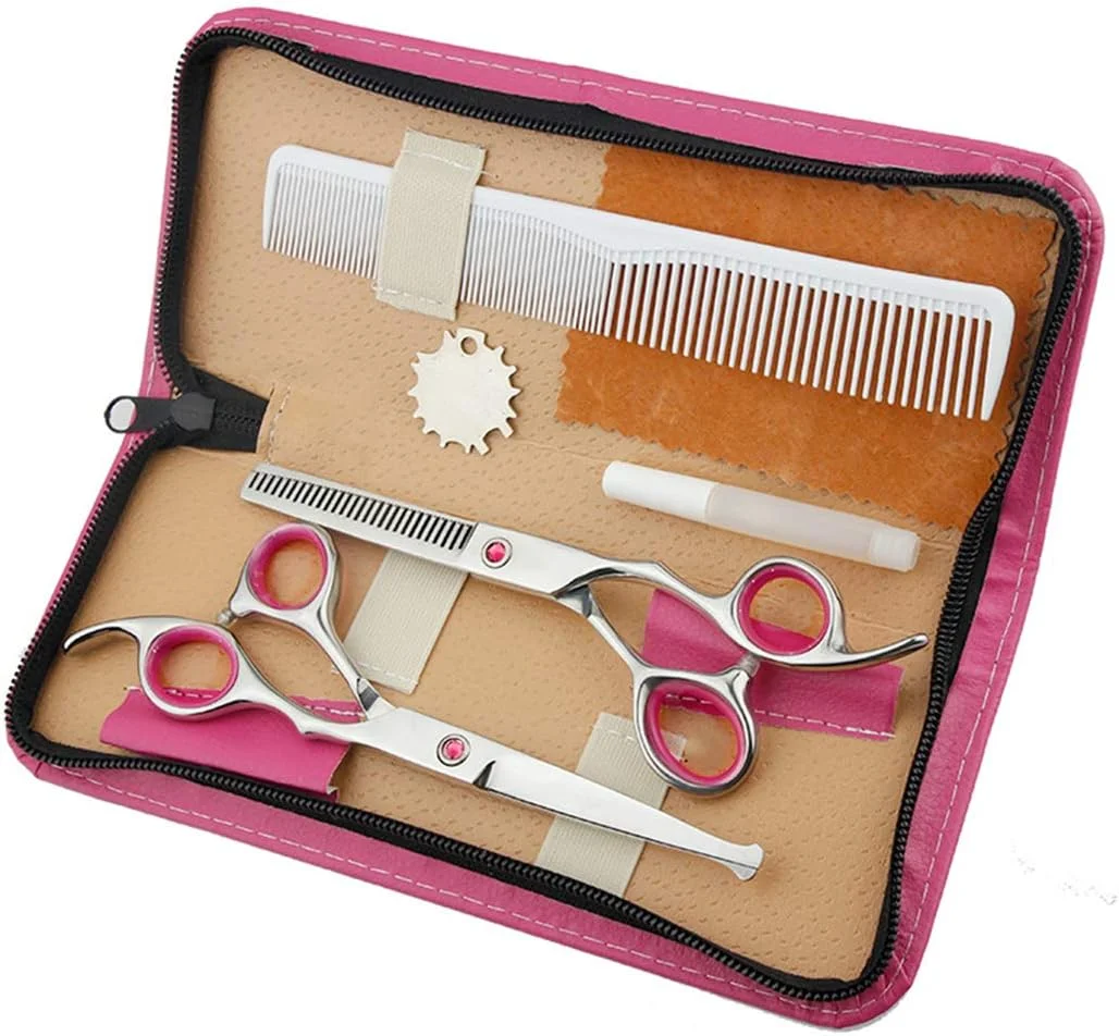 ست قیچی آرایشگری حرفه ای سر گرد ایمن 6.0 اینچی، قیچی آرایشگری، قیچی پیتاژ، ابزار پیرایش مو در خانه، ابزار آرایشگری سالن، لوازم آرایشگری استیل ضد زنگ، صورتی